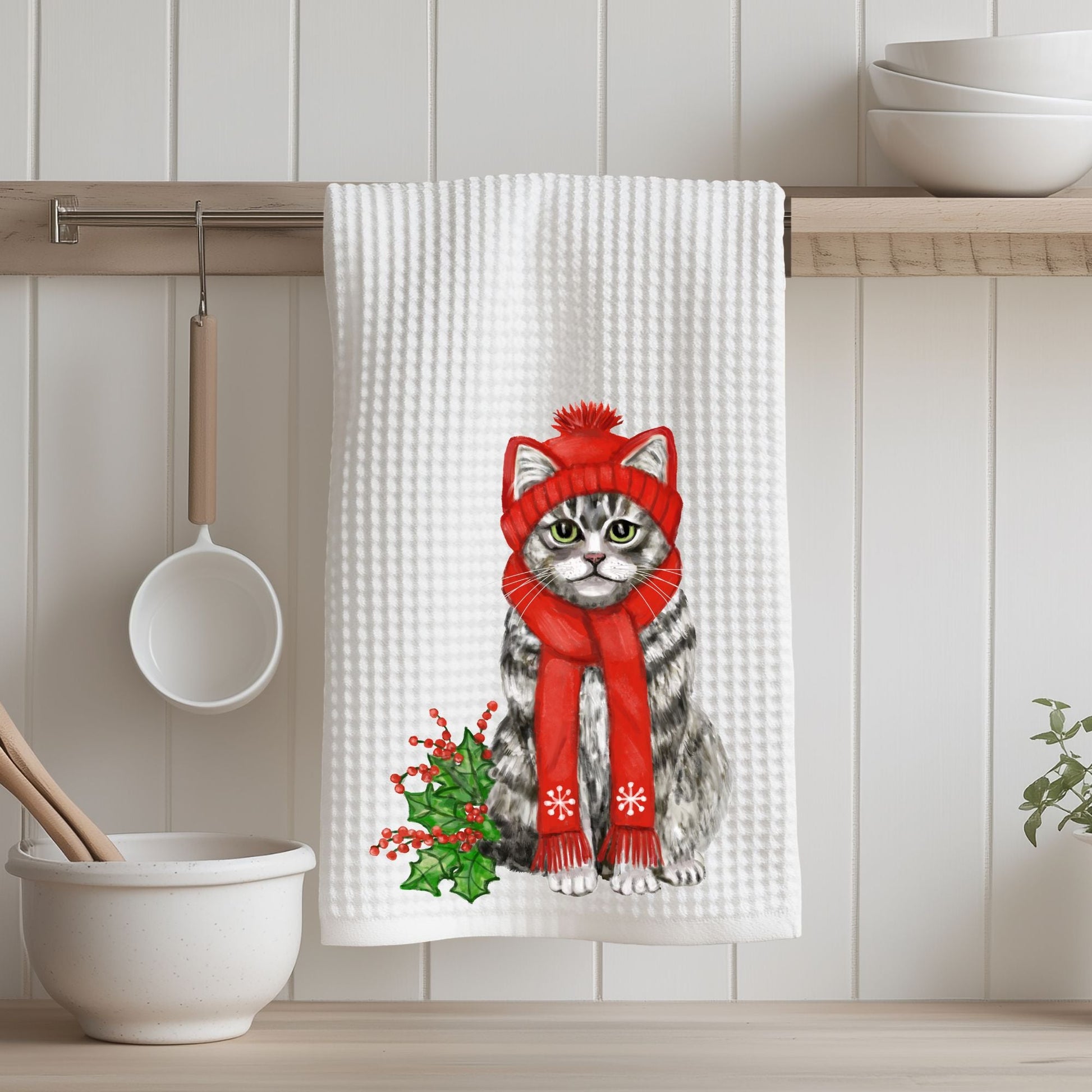 Winter Tabby Cat Waffle Weave Kitchen Towel - MerikaArt