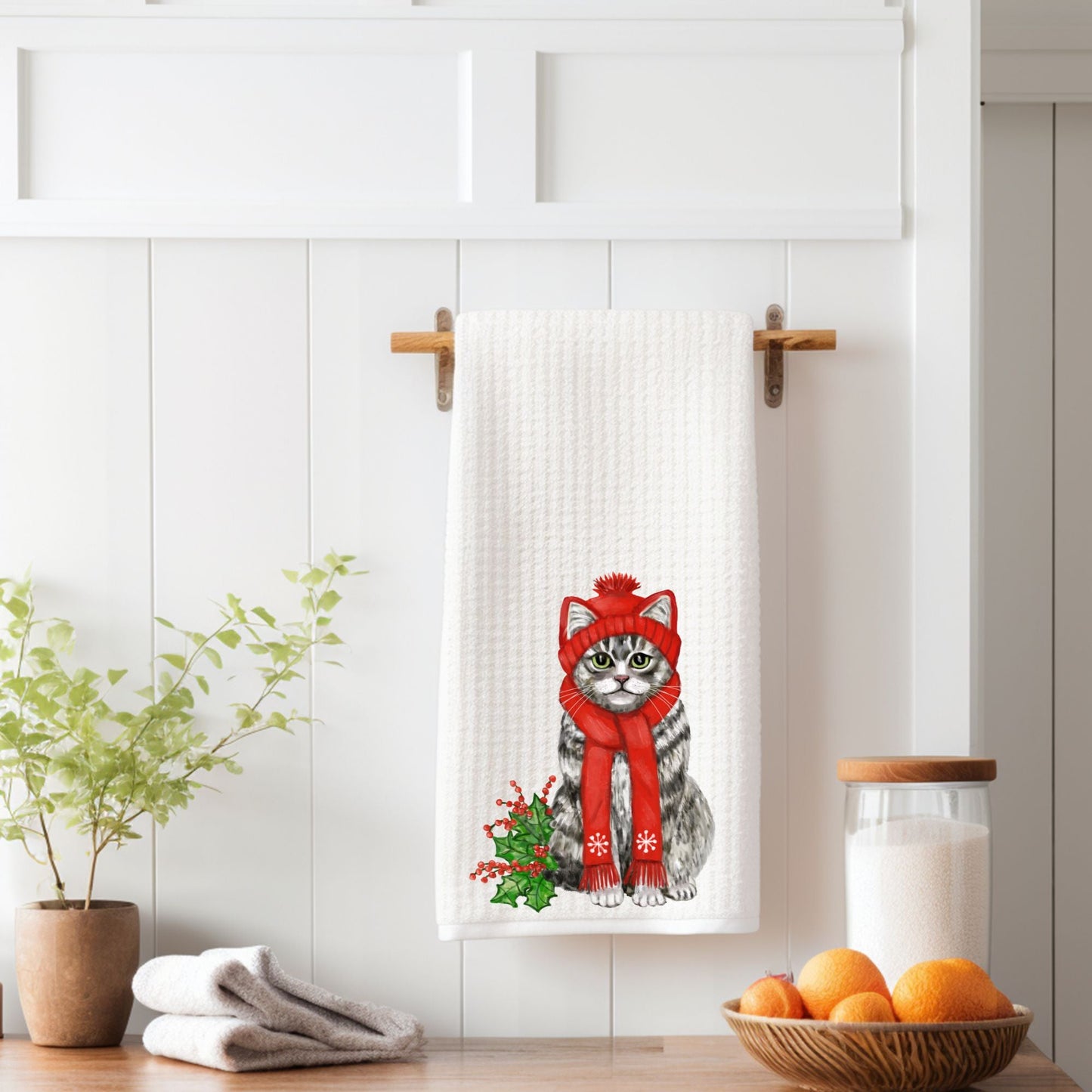 Winter Tabby Cat Waffle Weave Kitchen Towel - MerikaArt