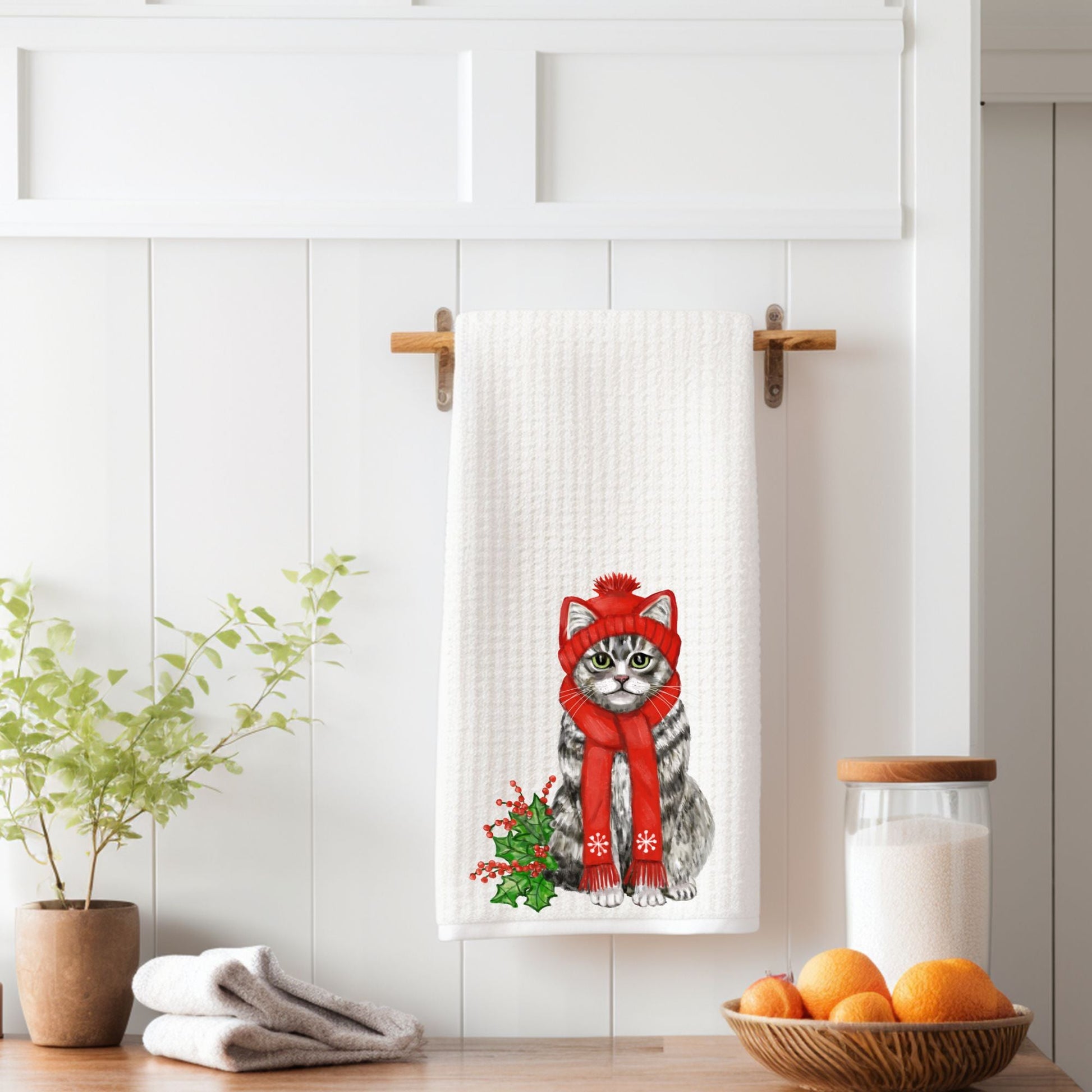 Winter Tabby Cat Waffle Weave Kitchen Towel - MerikaArt