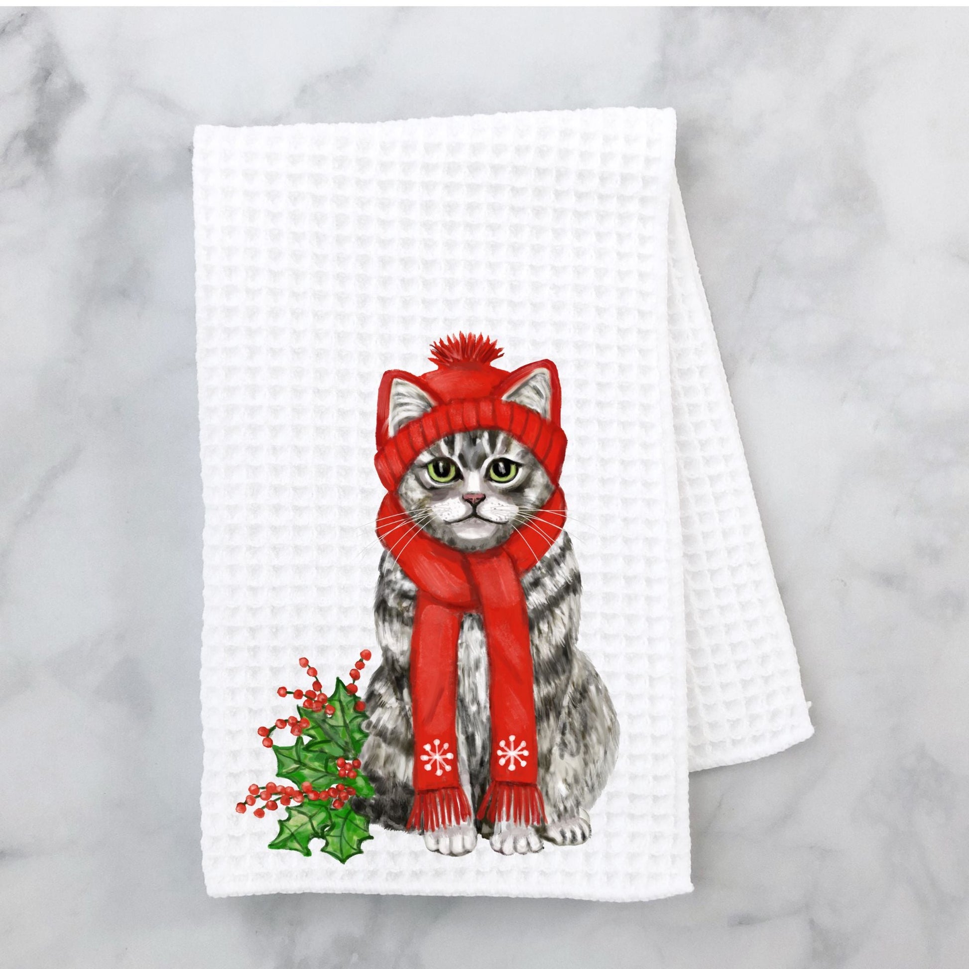 Winter Tabby Cat Waffle Weave Kitchen Towel - MerikaArt
