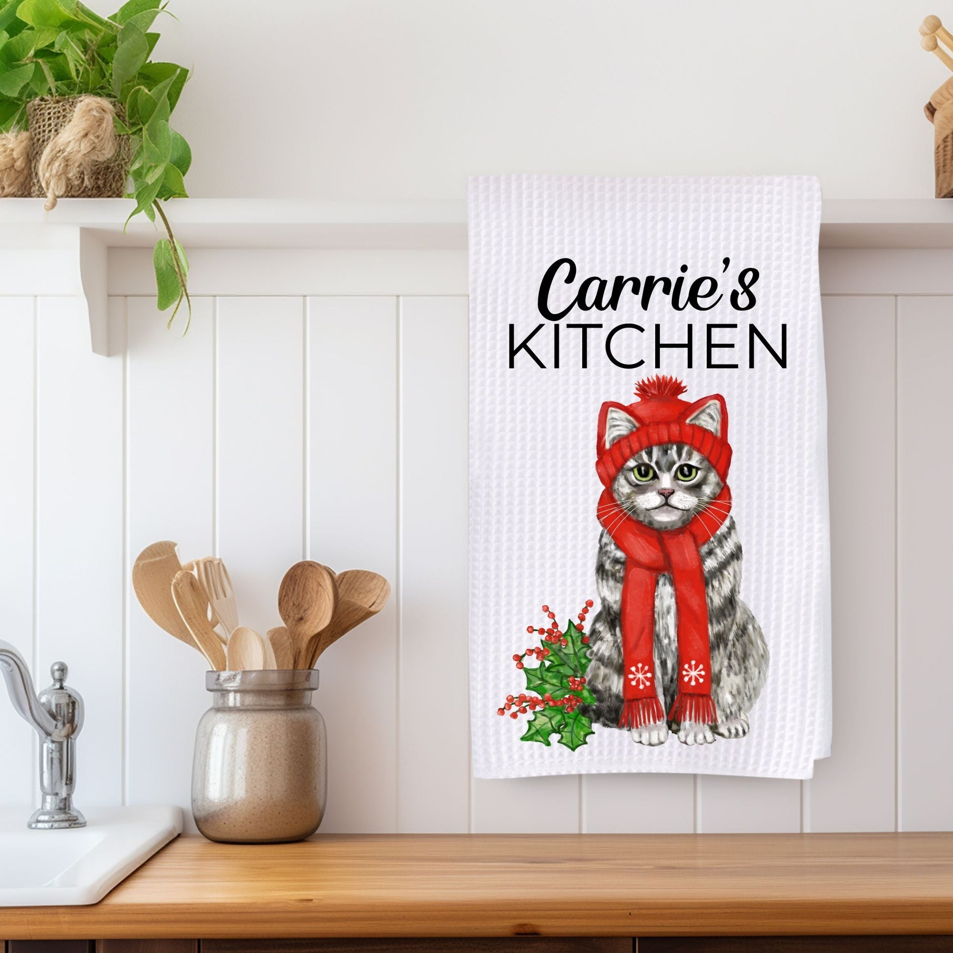 Winter Tabby Cat Waffle Weave Kitchen Towel - MerikaArt