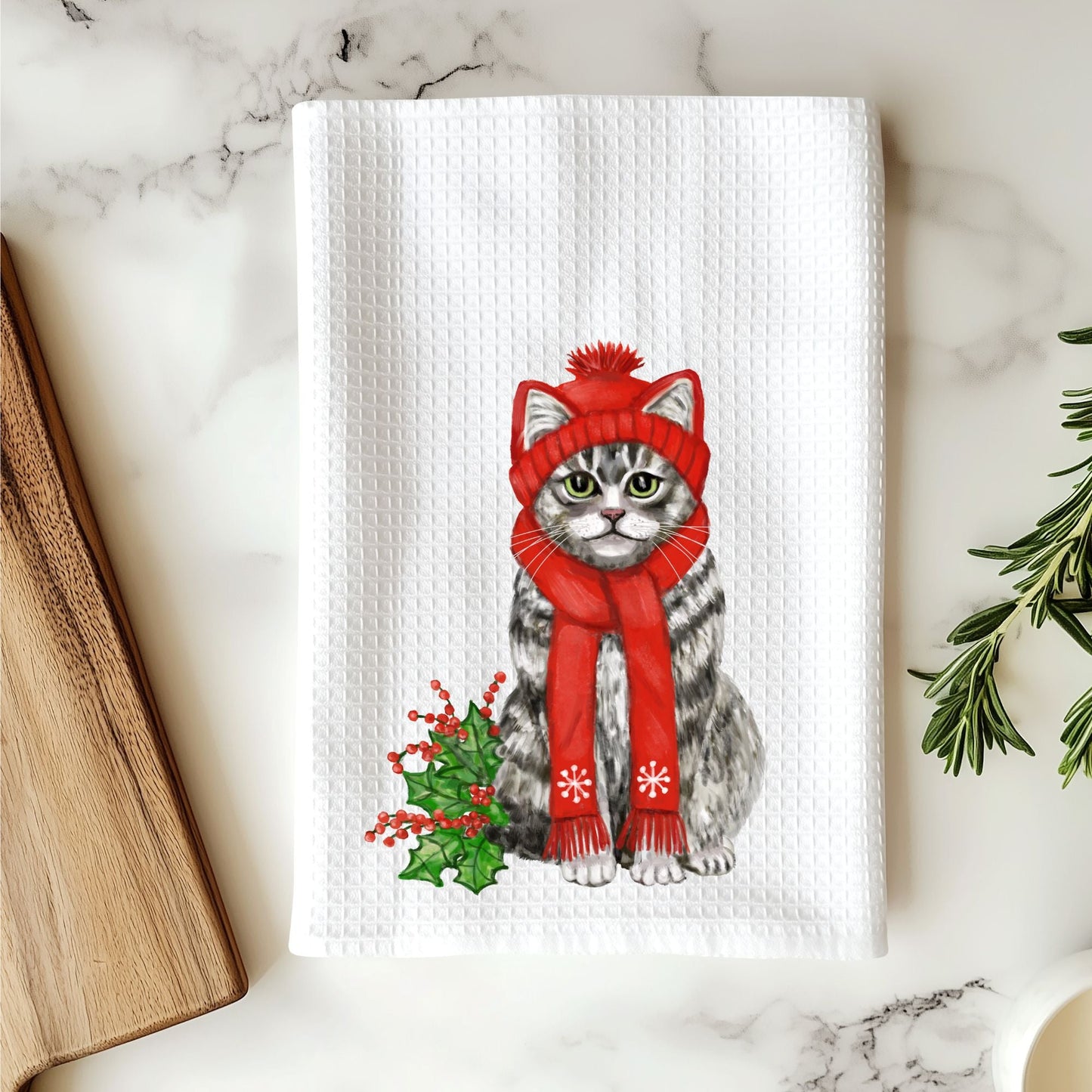 Winter Tabby Cat Waffle Weave Kitchen Towel - MerikaArt