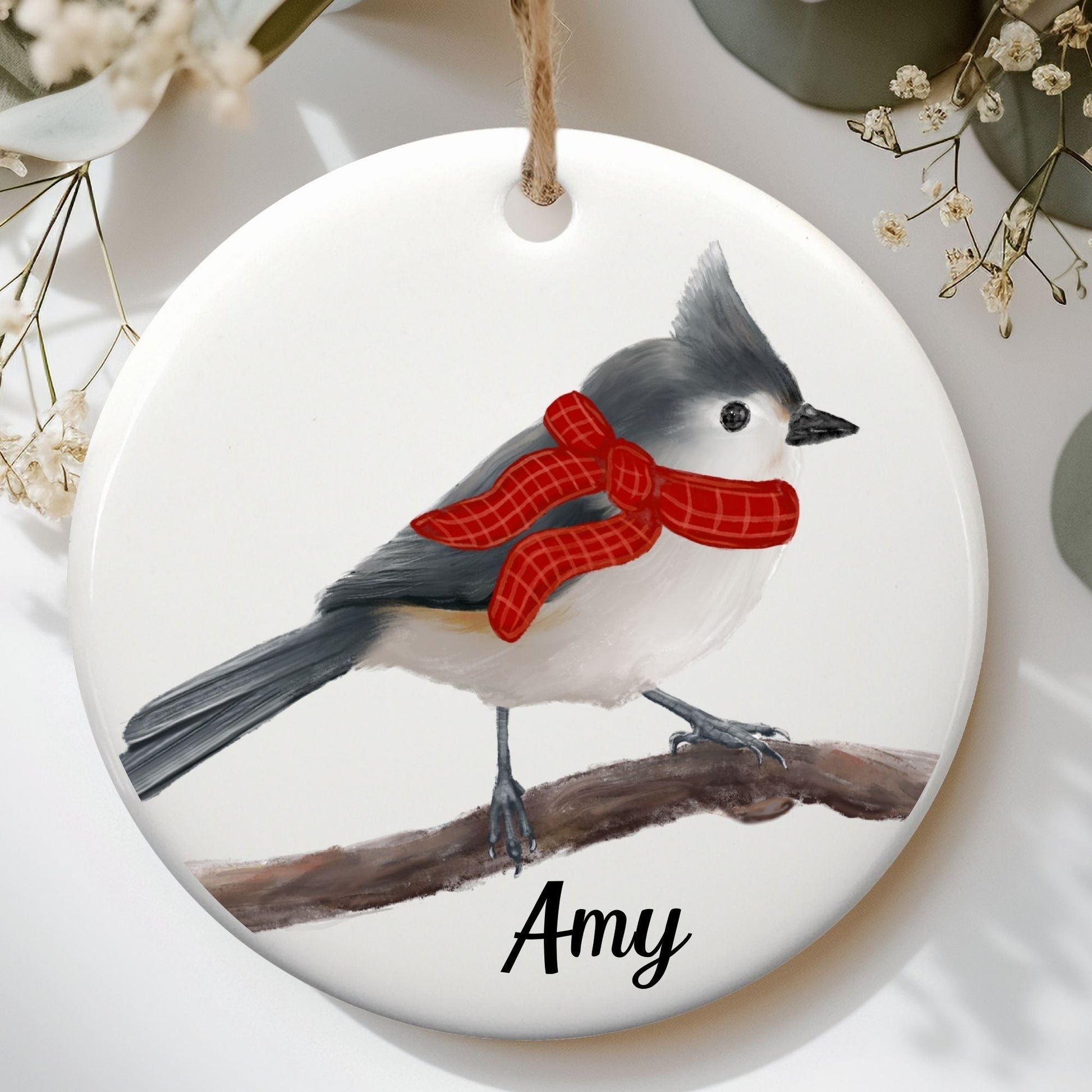 Winter Titmouse Ceramic Ornament - MerikaArt