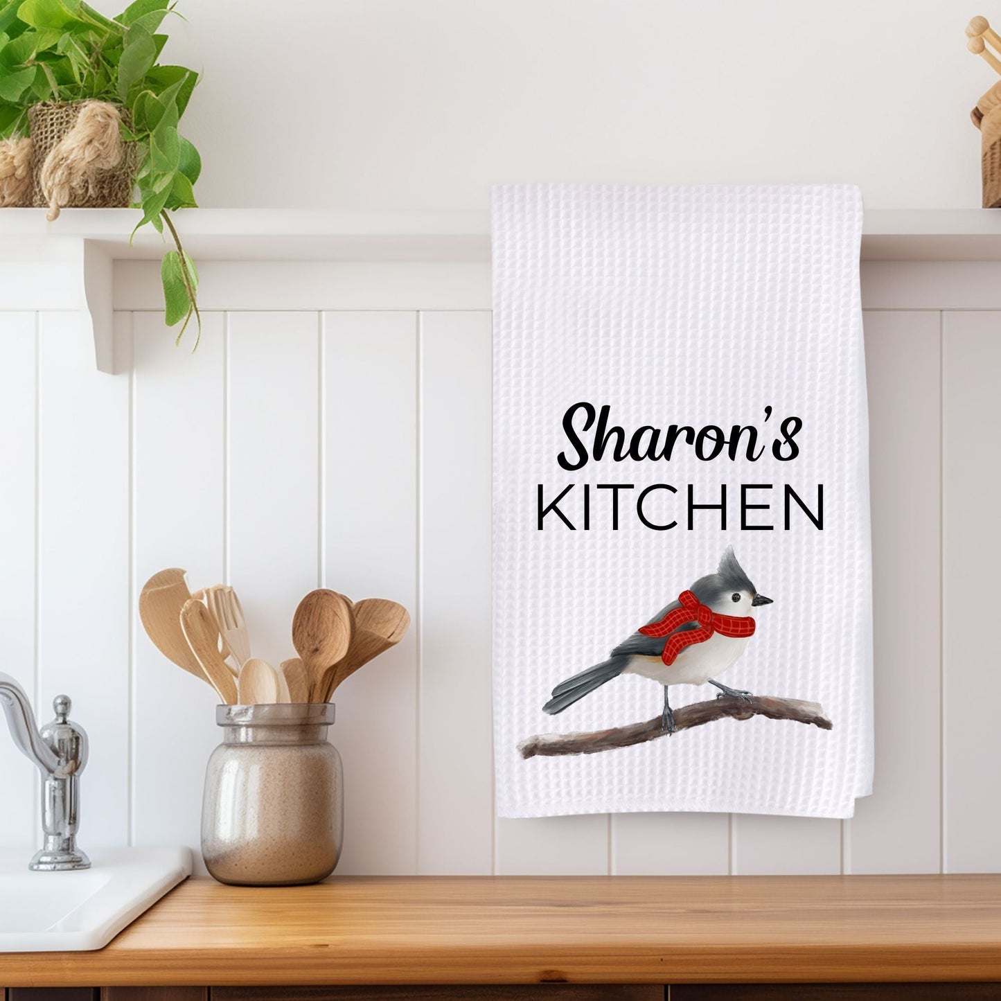 Winter Tufted Titmouse Kitchen Towel - MerikaArt
