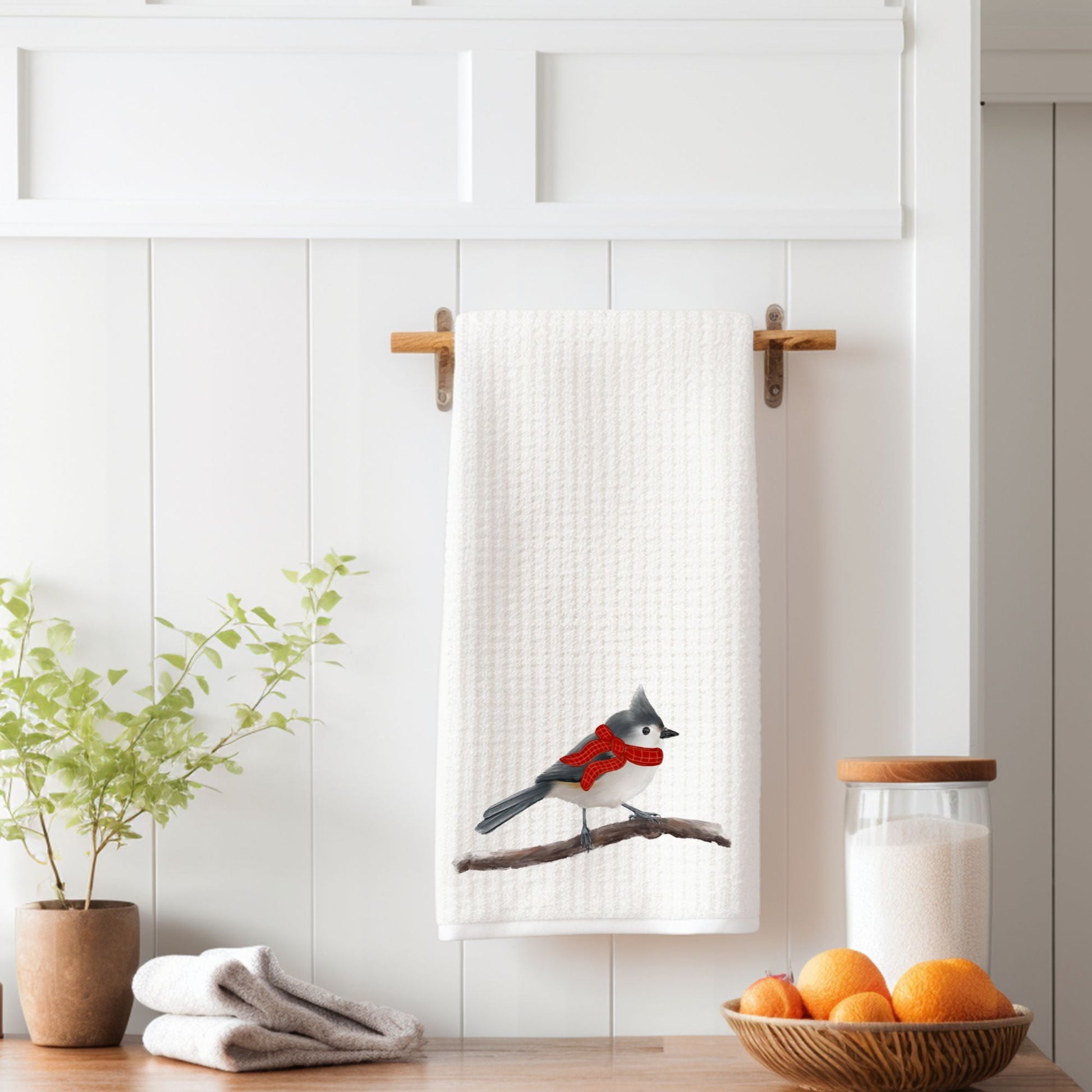 Winter Tufted Titmouse Kitchen Towel - MerikaArt