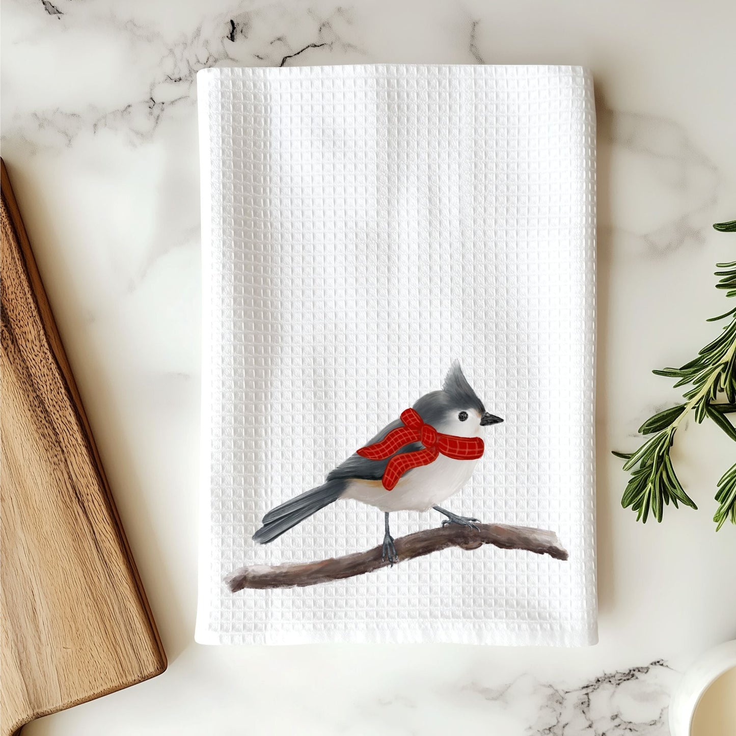 Winter Tufted Titmouse Kitchen Towel - MerikaArt