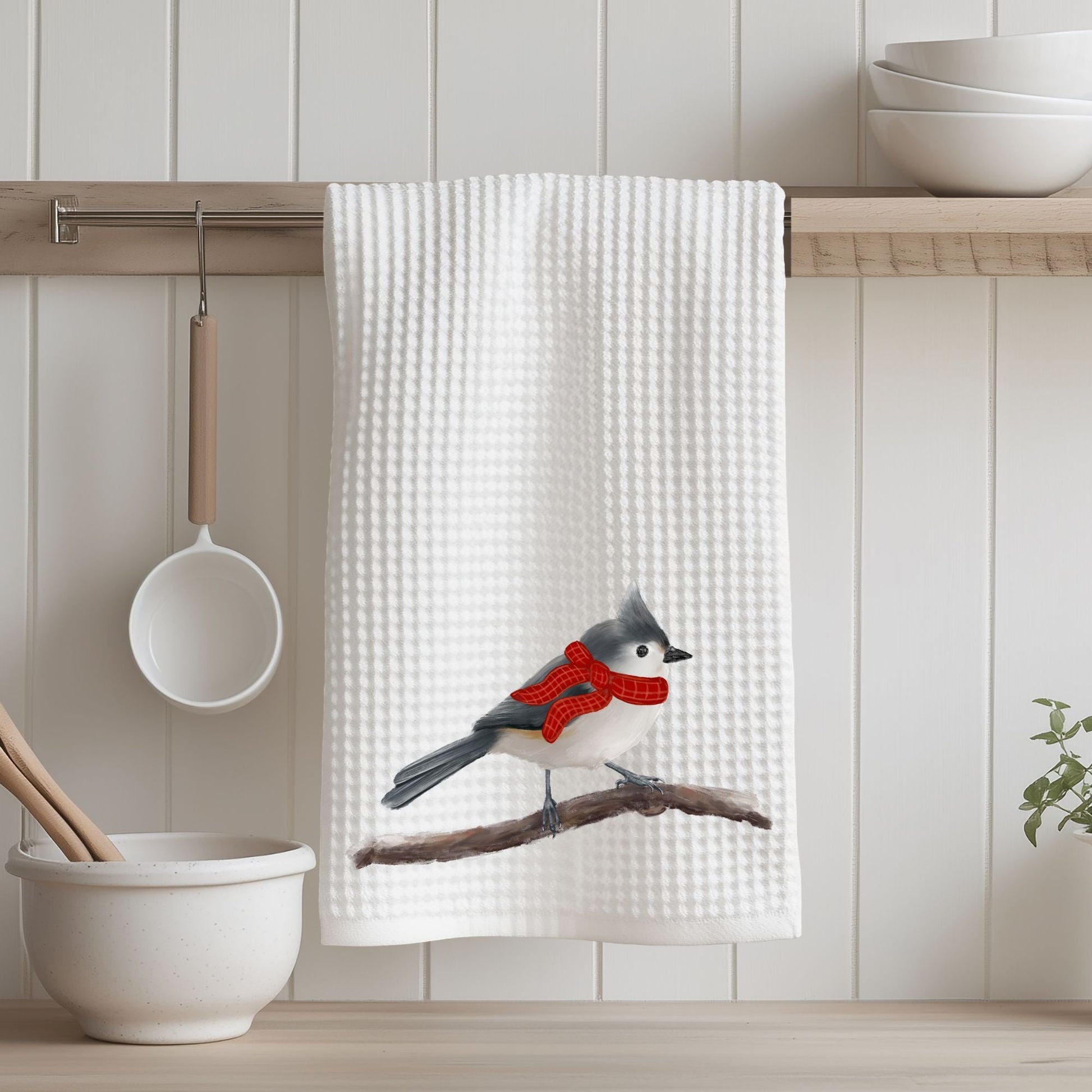 Winter Tufted Titmouse Kitchen Towel - MerikaArt
