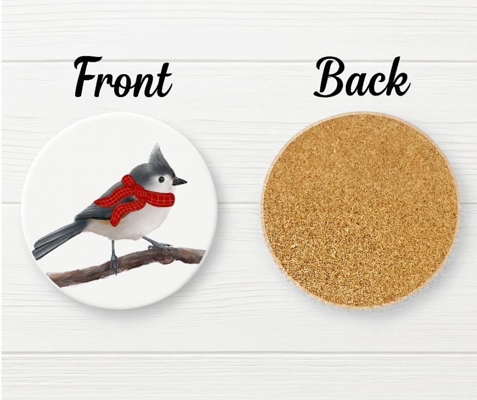 Winter Tufted Titmouse with Red Scarf Ceramic Coaster - MerikaArt