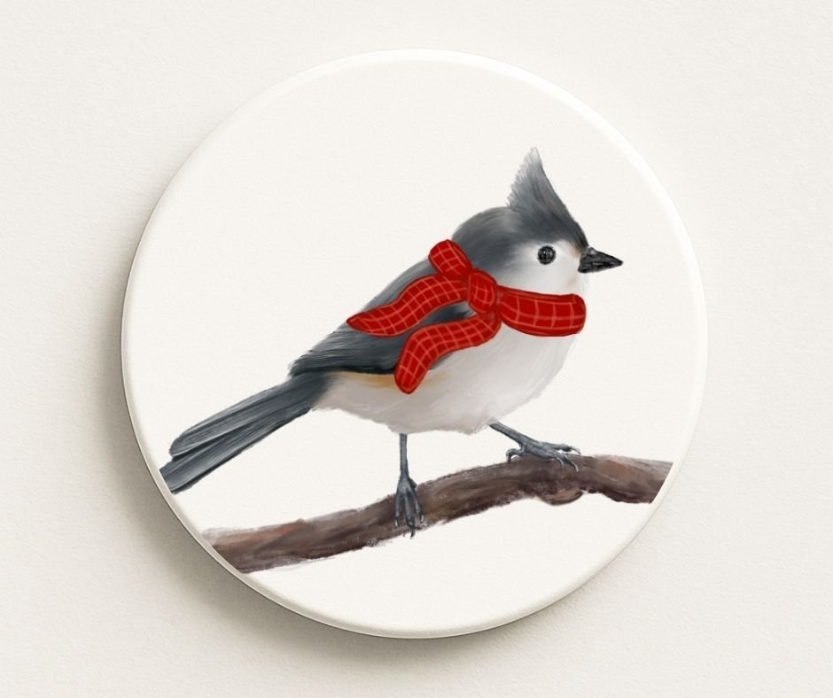 Winter Tufted Titmouse with Red Scarf Ceramic Coaster - MerikaArt