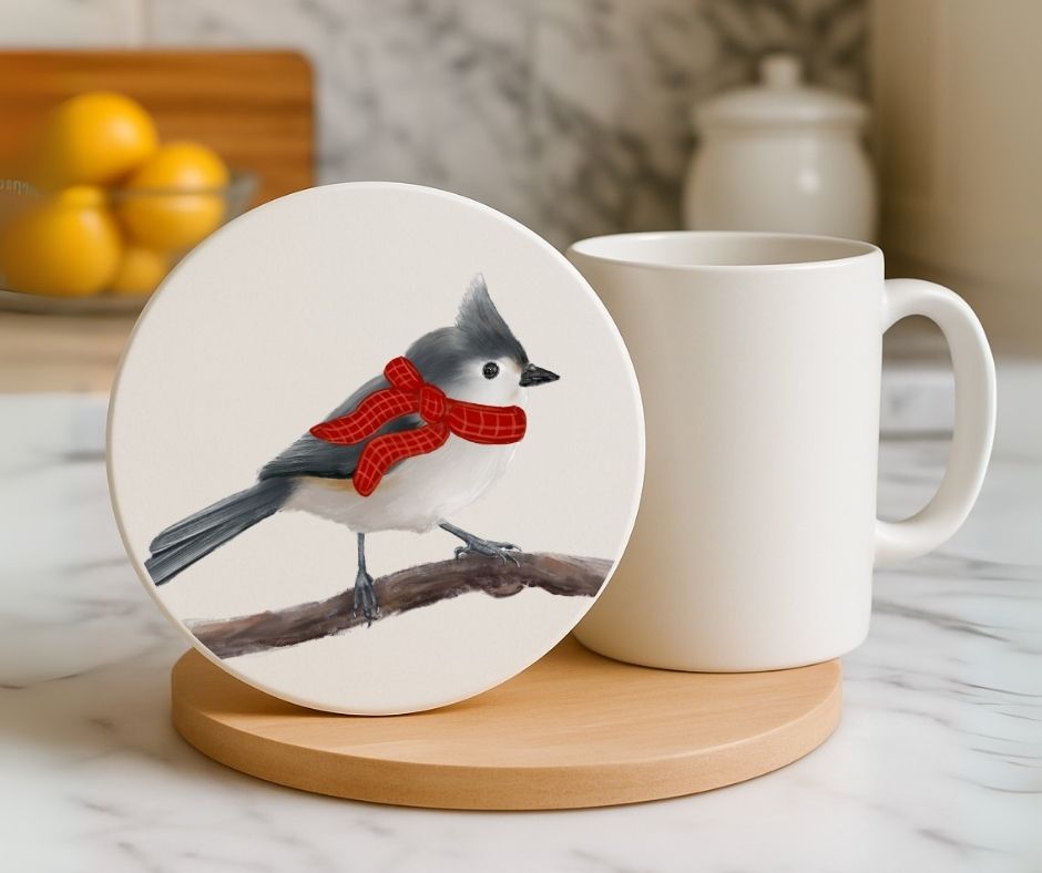 Winter Tufted Titmouse with Red Scarf Ceramic Coaster - MerikaArt