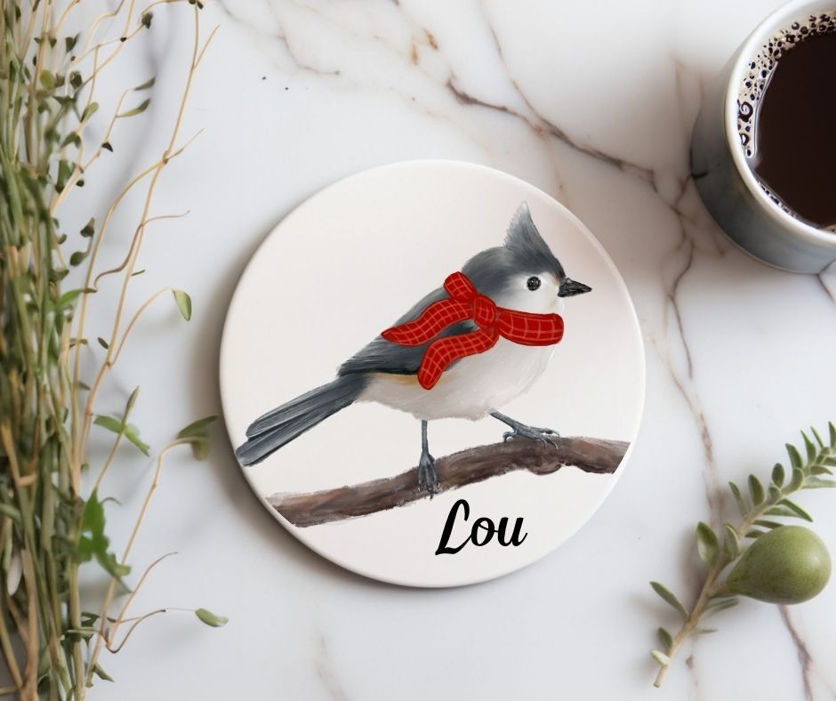 Winter Tufted Titmouse with Red Scarf Ceramic Coaster - MerikaArt