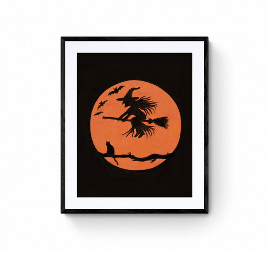 Witch Flying with a Broom Print, Halloween Cat Painting, Halloween Orange Moon Portrait, Holiday Wall Art, Flying with Bats Poster - MerikaArt