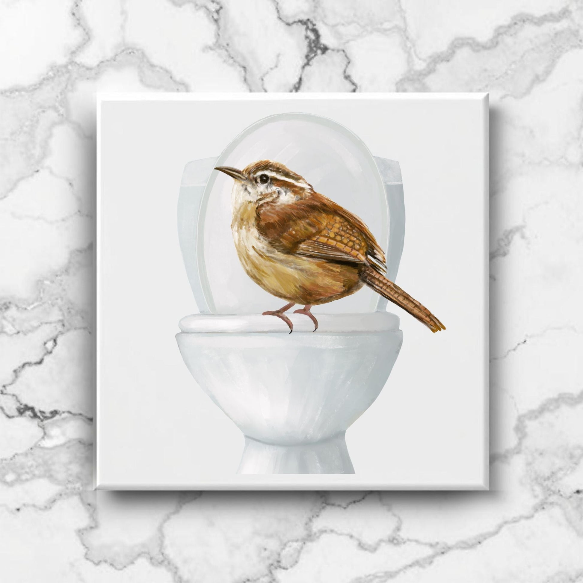 Wren on Toilet Ceramic Tile – Handcrafted Bird - Themed Decor - MerikaArt