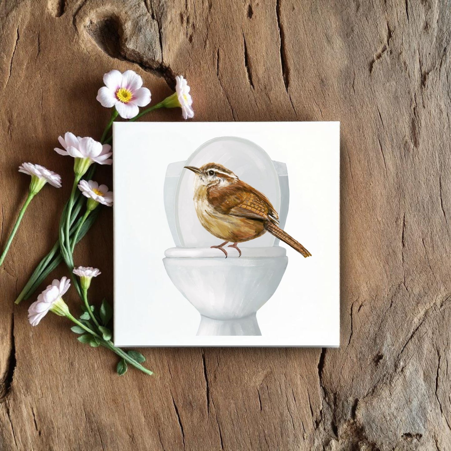 Wren on Toilet Ceramic Tile – Handcrafted Bird - Themed Decor - MerikaArt