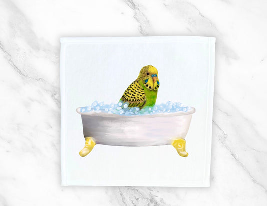 Yellow and Green Budgie in Tub Washcloth – A Delightful Bird Lover's Gift - MerikaArt