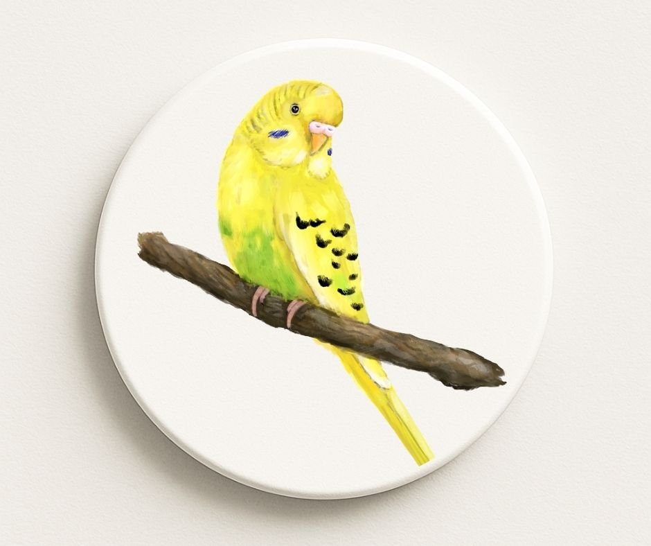 Yellow Budgerigar Ceramic Coaster - MerikaArt