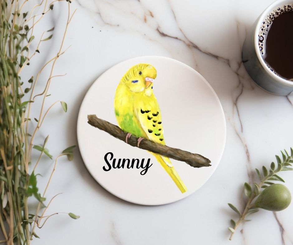 Yellow Budgerigar Ceramic Coaster - MerikaArt