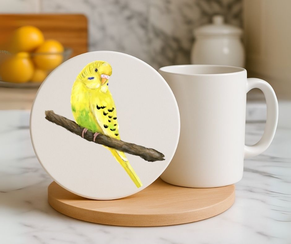 Yellow Budgerigar Ceramic Coaster - MerikaArt