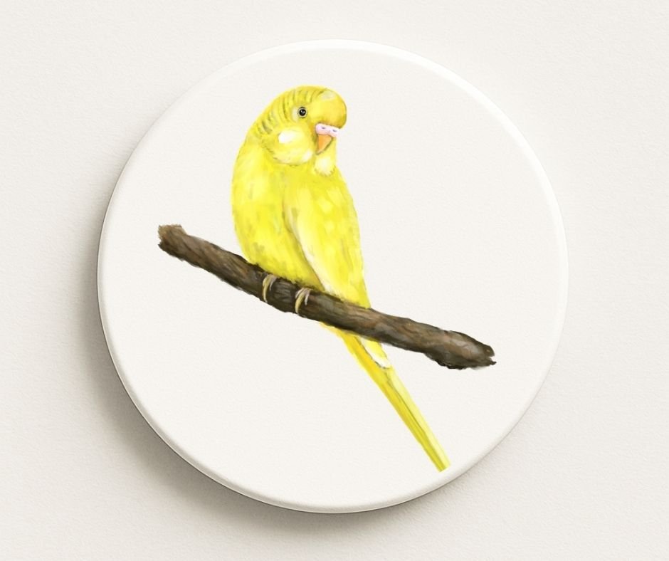 Yellow Budgerigar Ceramic Coaster - MerikaArt