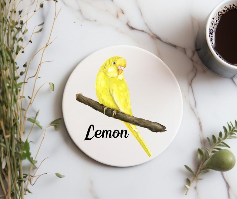 Yellow Budgerigar Ceramic Coaster - MerikaArt