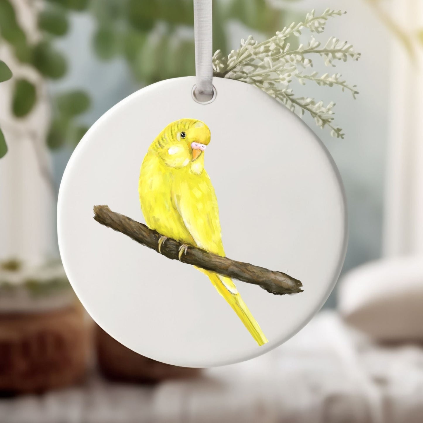 Yellow Budgerigar Ceramic Ornament - MerikaArt