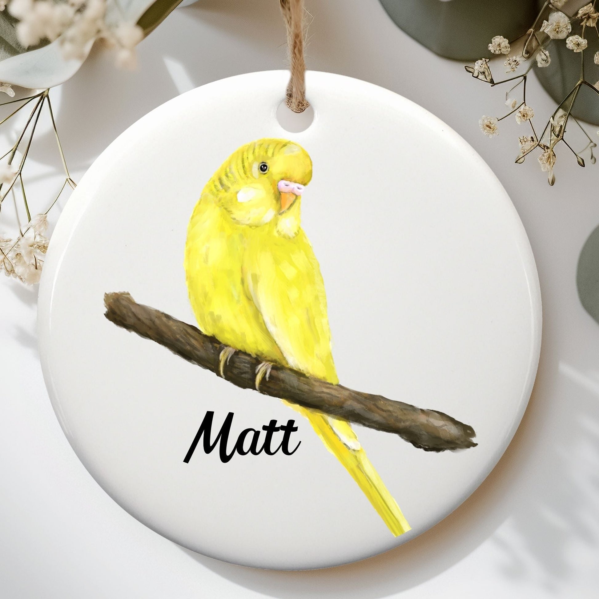 Yellow Budgerigar Ceramic Ornament - MerikaArt