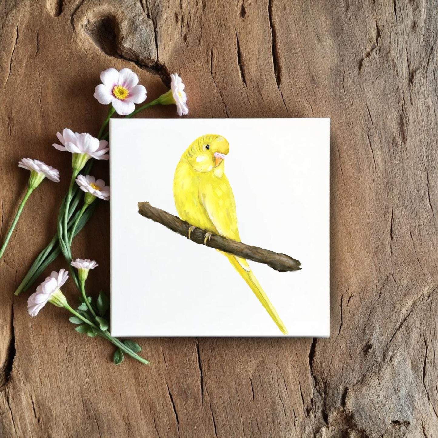 Yellow Budgerigar Ceramic Tile – Handcrafted Bird Art - MerikaArt