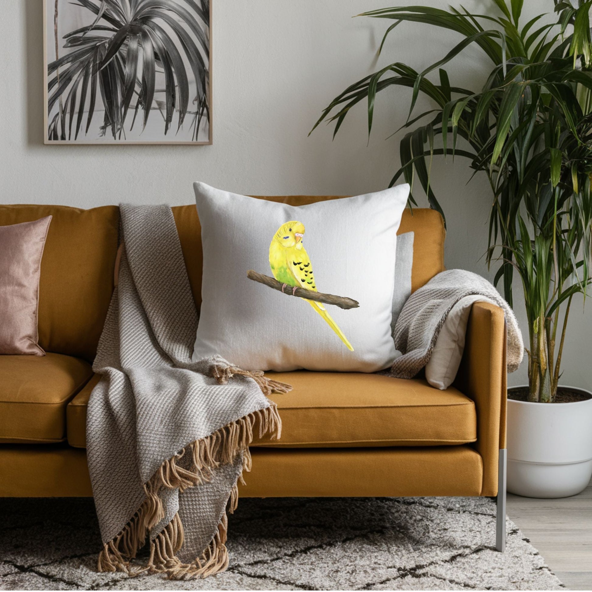 Yellow Budgerigar Pillow - MerikaArt