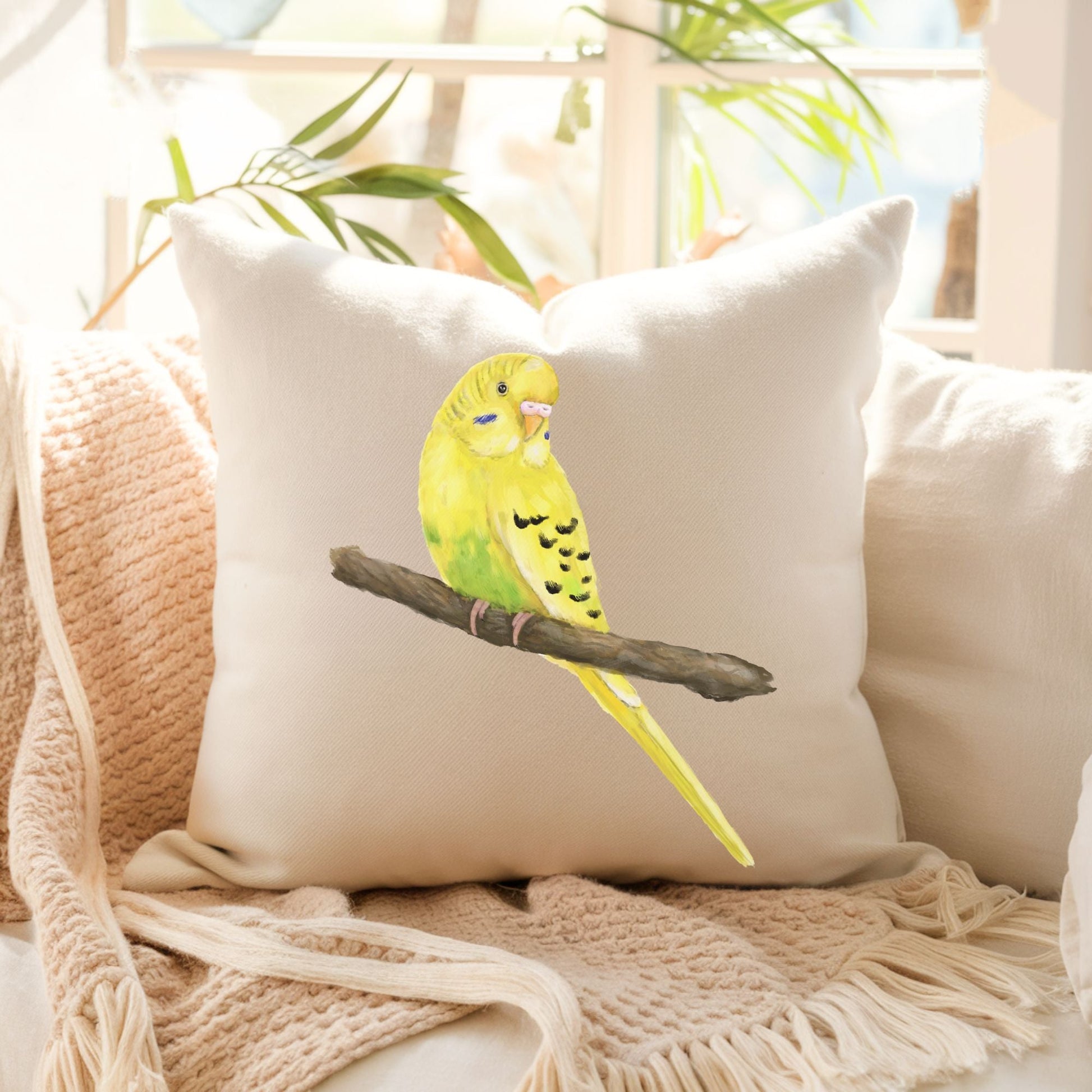 Yellow Budgerigar Pillow - MerikaArt