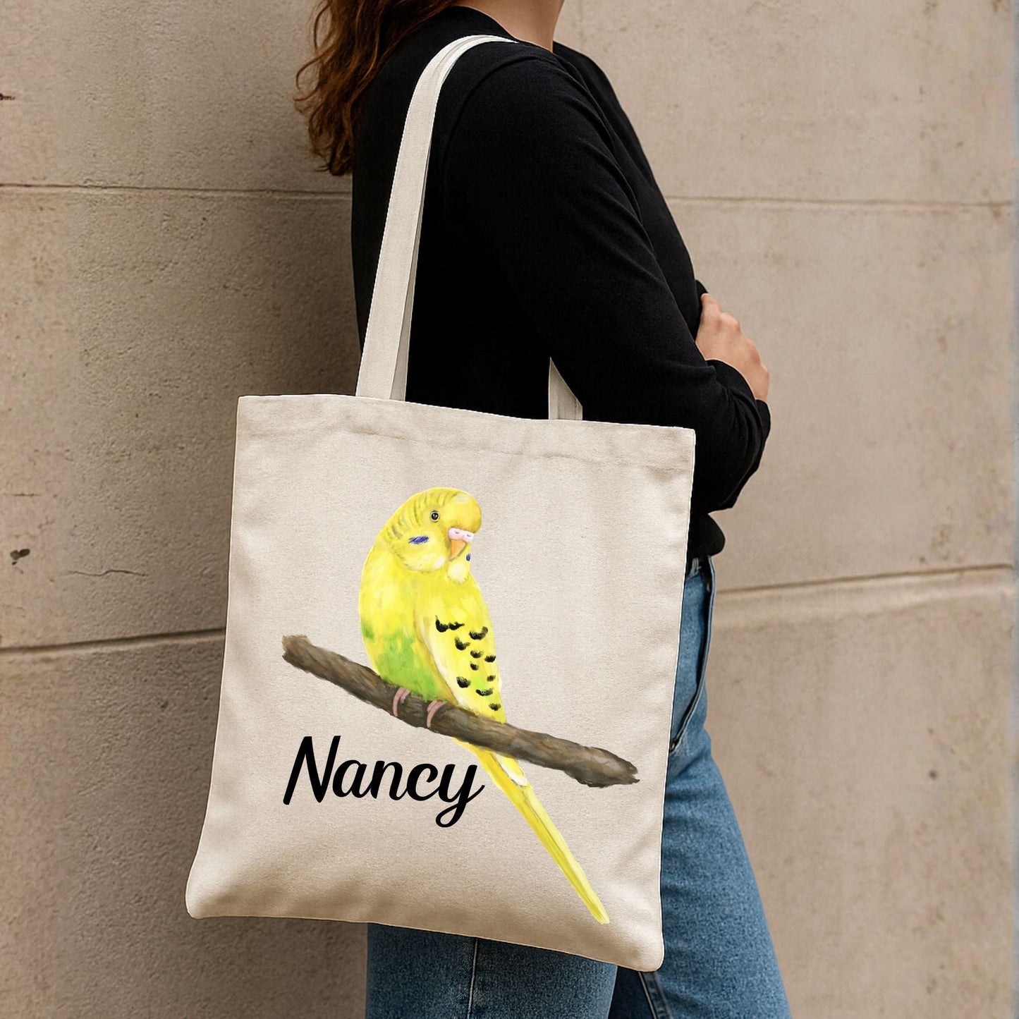 Yellow Budgie Canvas Tote Bag - MerikaArt