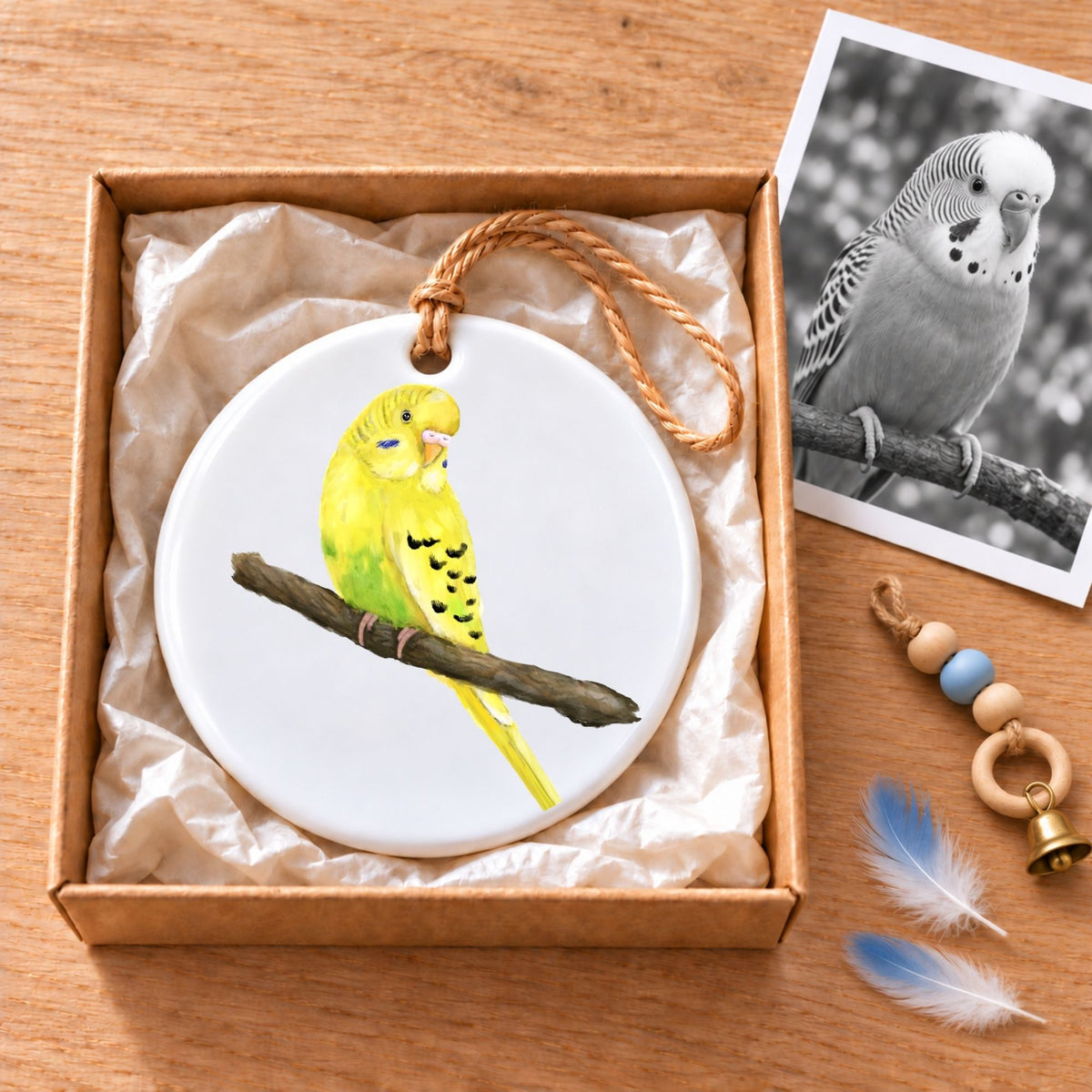 Yellow Budgie Ceramic Ornament - MerikaArt