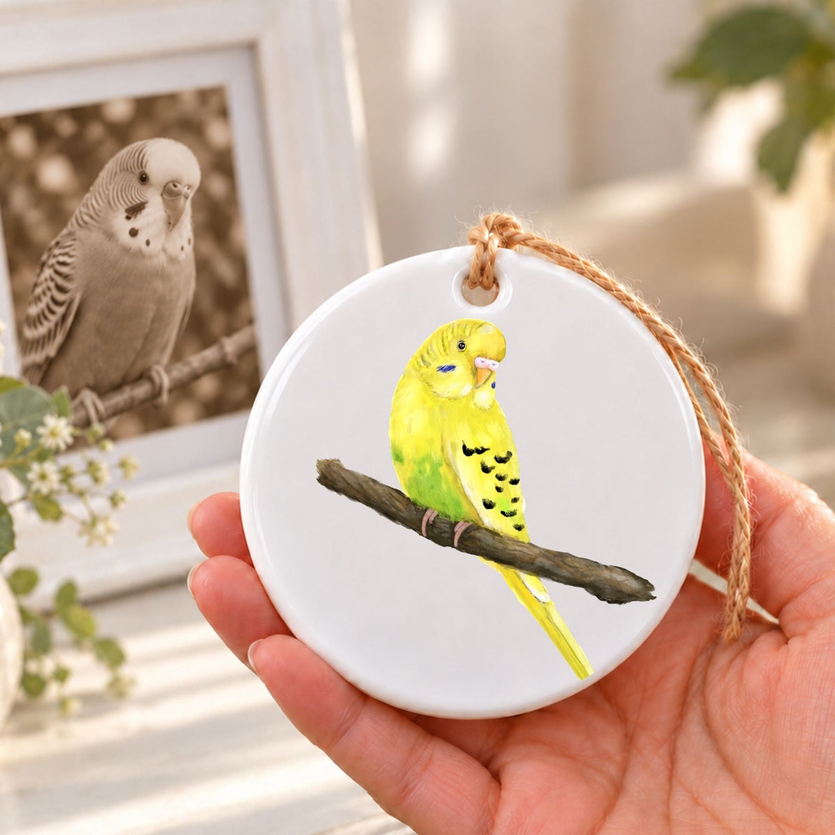 Yellow Budgie Ceramic Ornament - MerikaArt