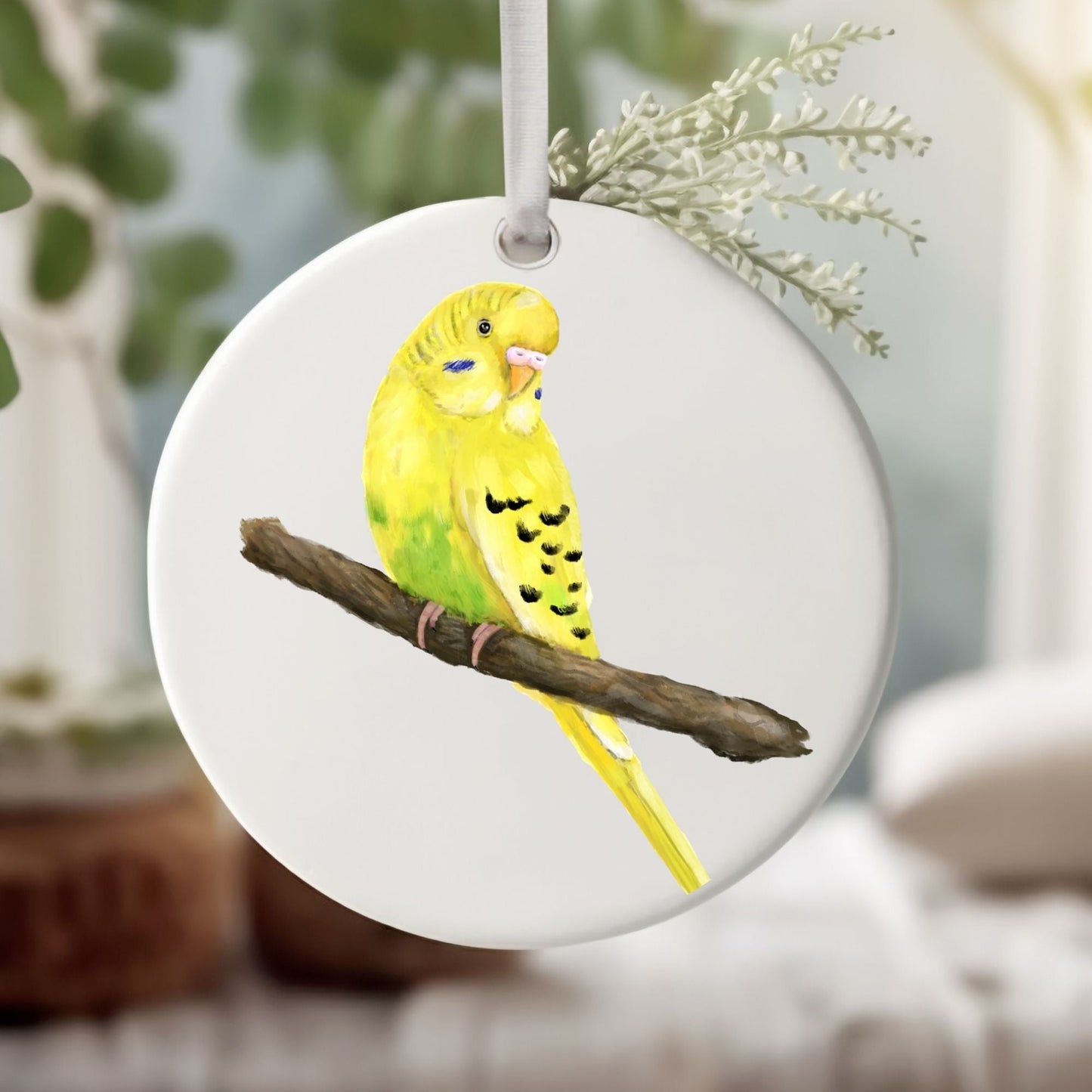 Yellow Budgie Ceramic Ornament - MerikaArt