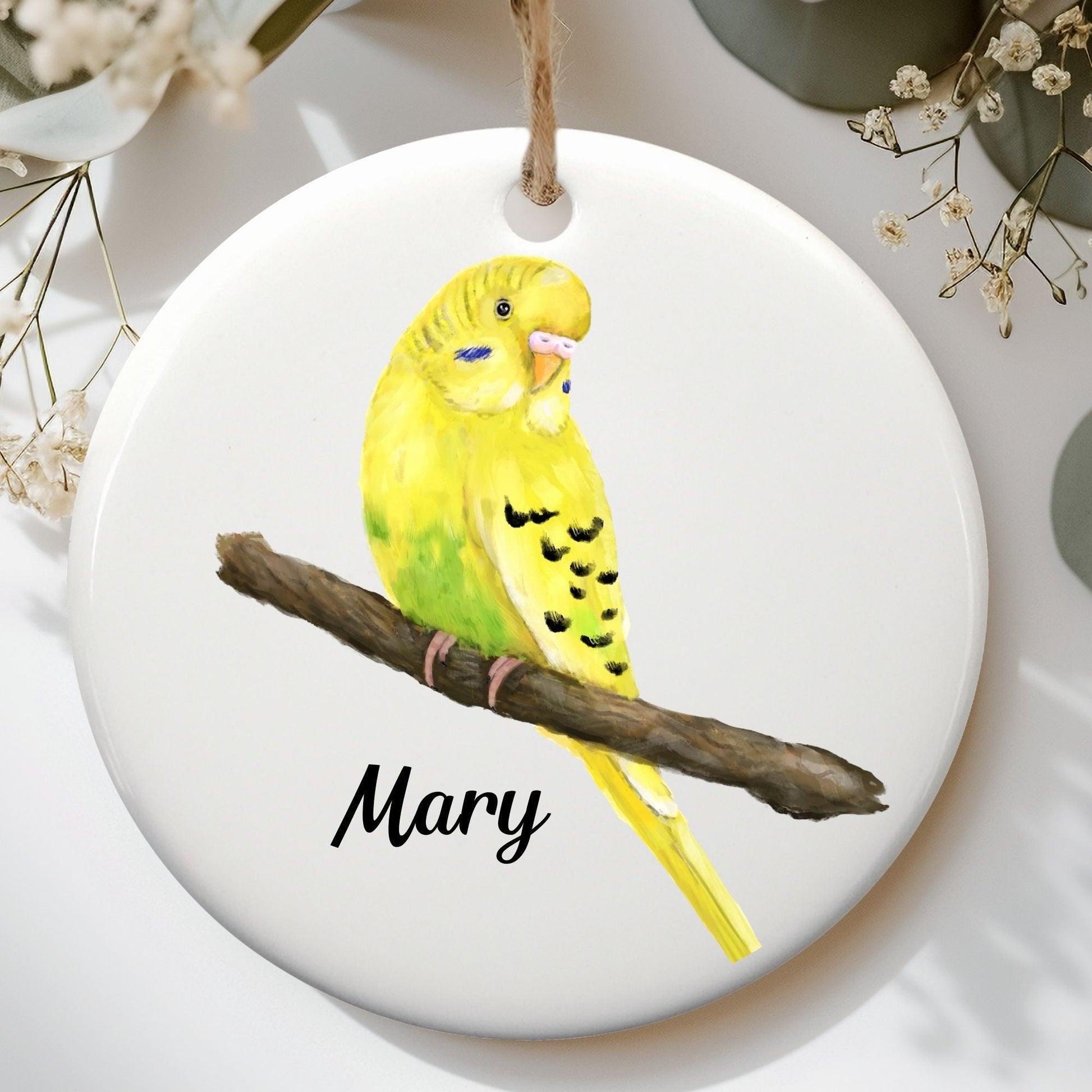 Yellow Budgie Ceramic Ornament - MerikaArt