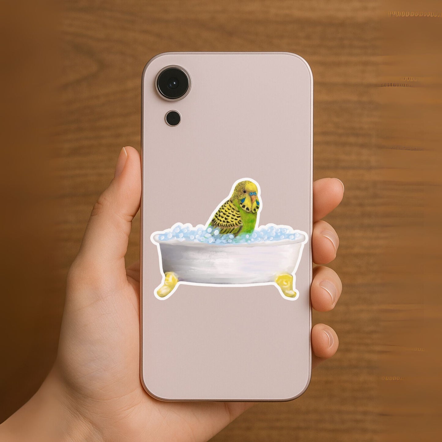 Yellow Budgie In Bathtub Vinly Sticker - MerikaArt
