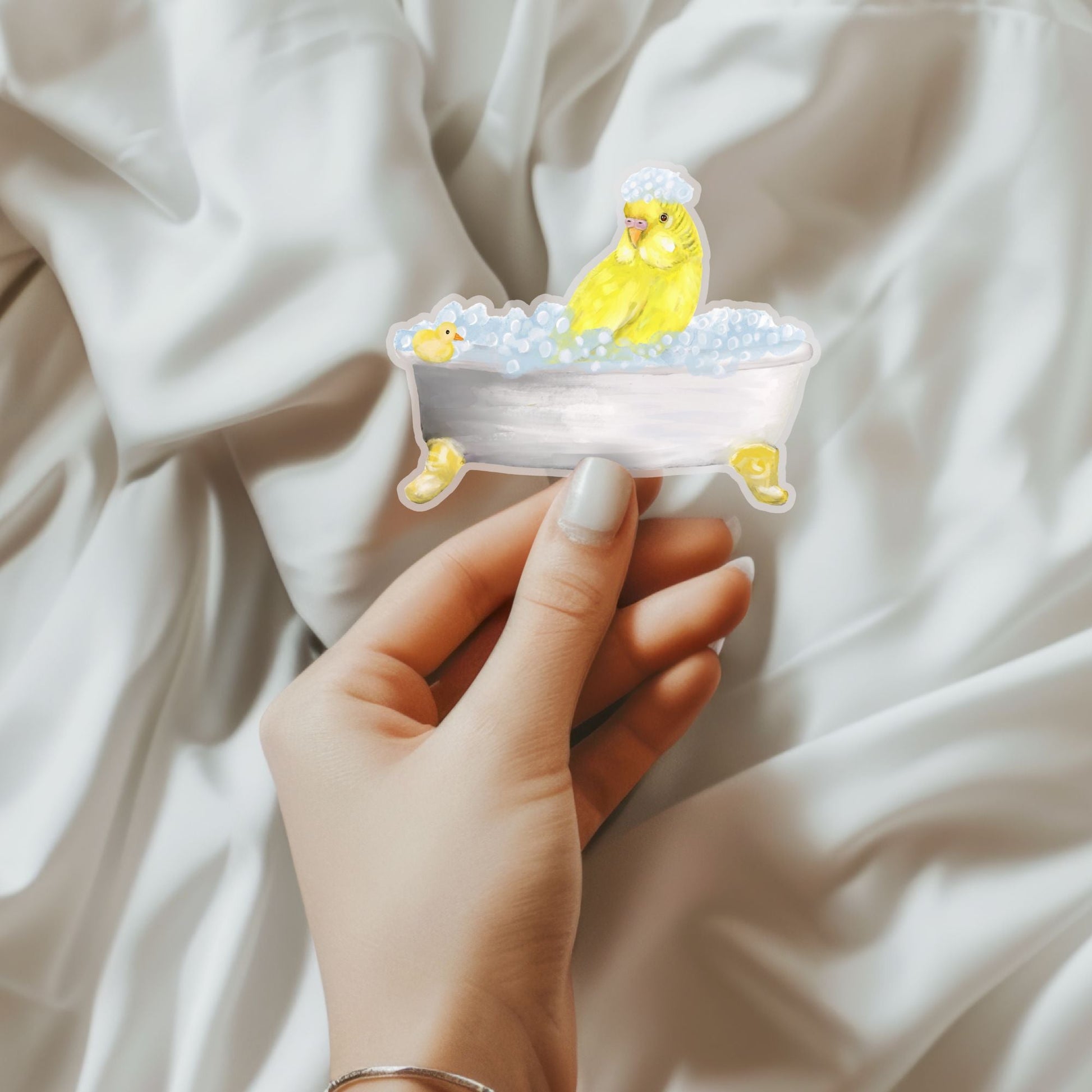 Yellow Budgie in Bathtub Vinly Sticker - MerikaArt