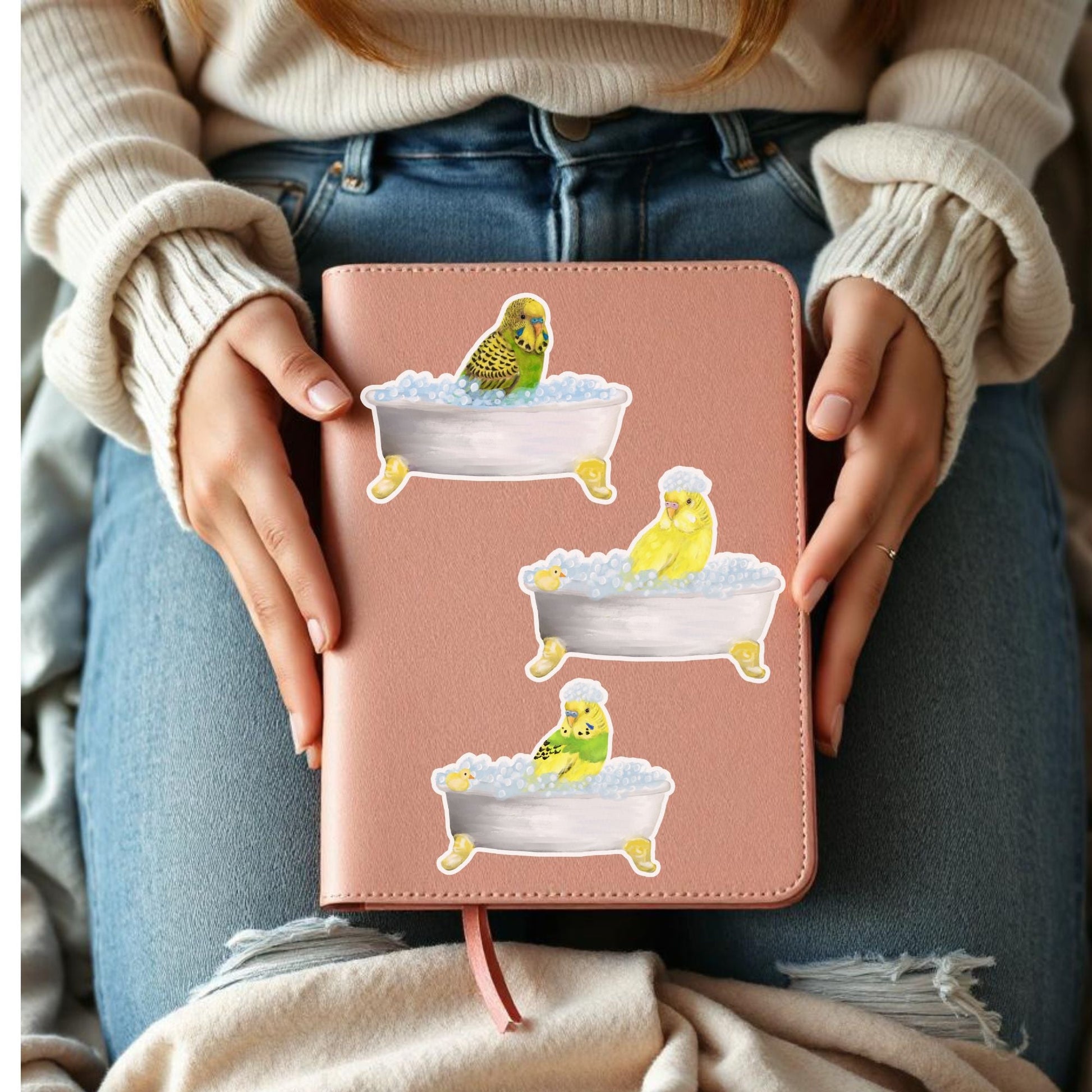 Yellow Budgie In Bathtub Vinly Sticker - MerikaArt