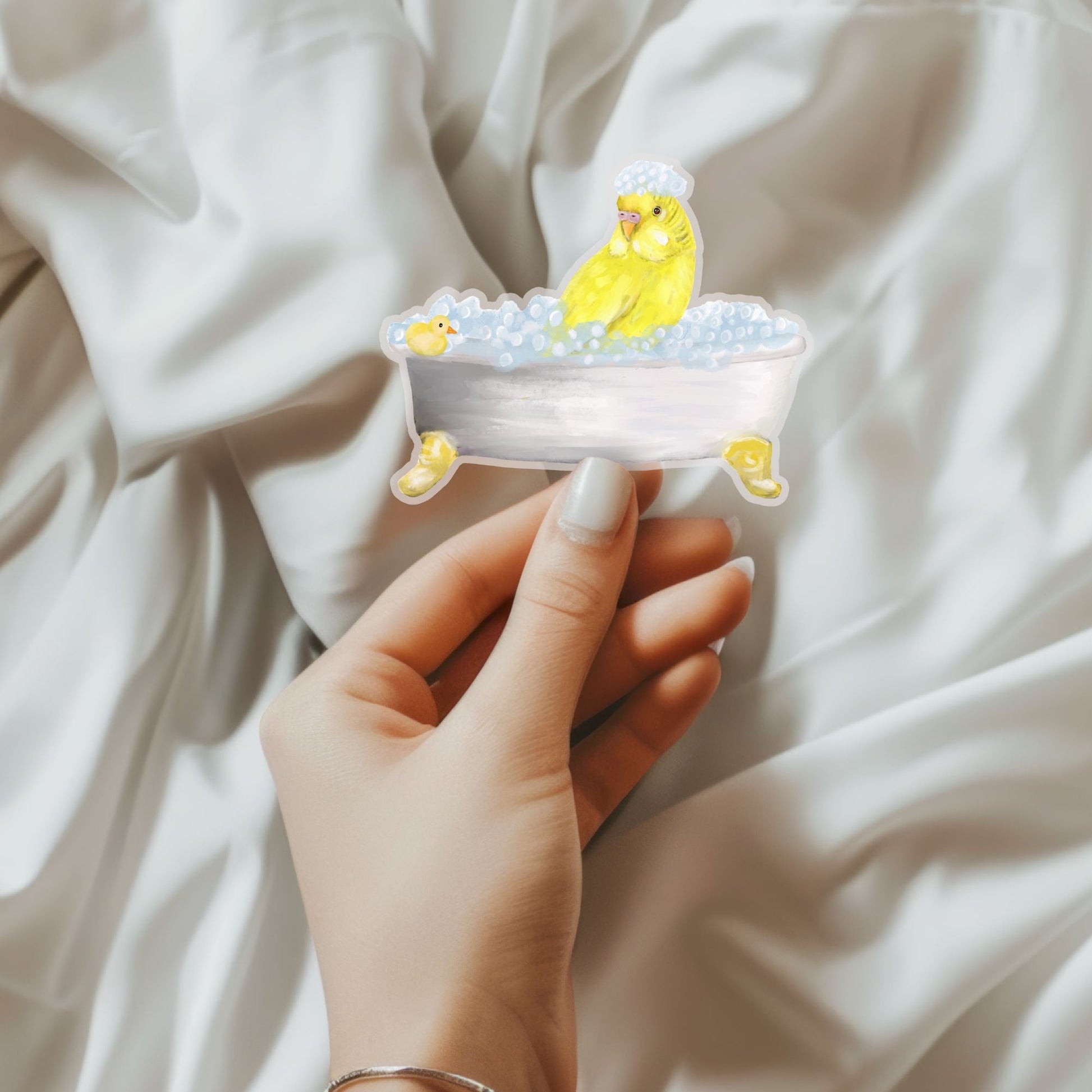 Yellow Budgie in Bathtub Vinly Sticker - MerikaArt