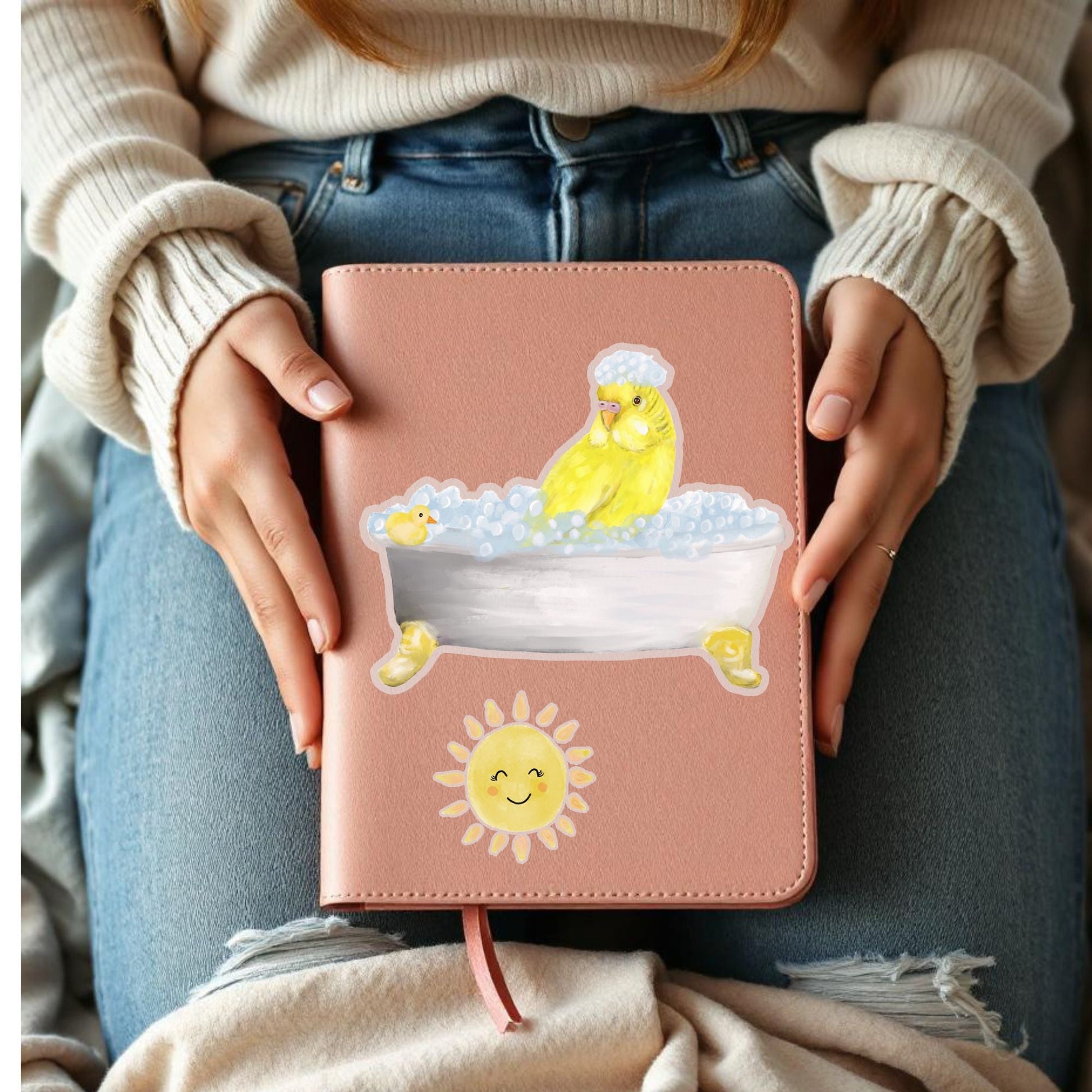 Yellow Budgie in Bathtub Vinly Sticker - MerikaArt