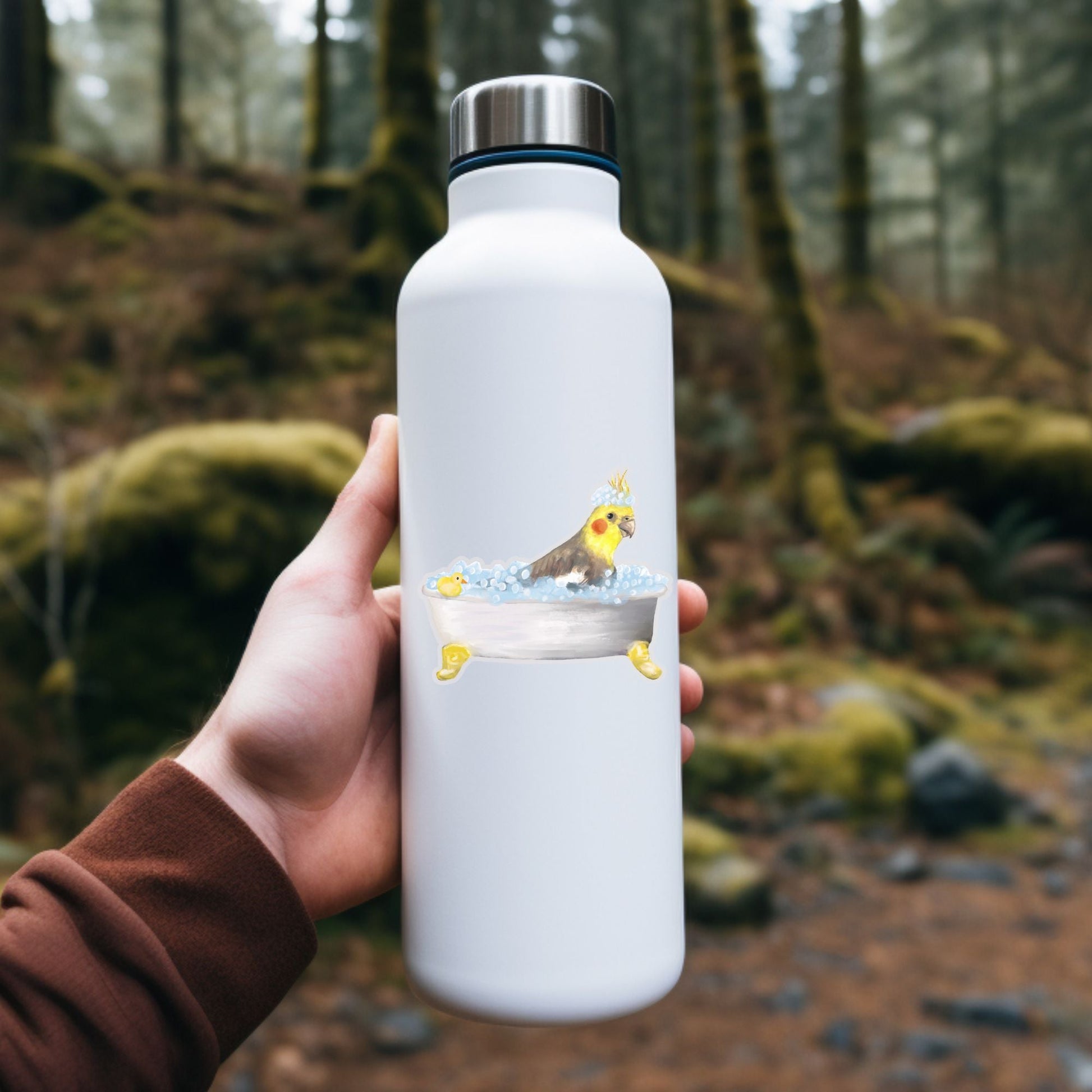 Yellow Budgie In Bathtub Vinly Sticker - MerikaArt