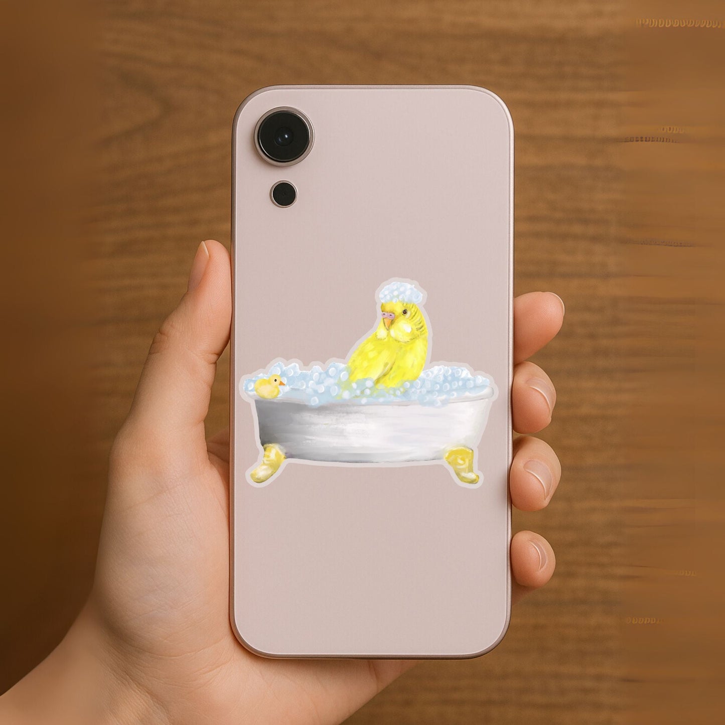 Yellow Budgie in Bathtub Vinly Sticker - MerikaArt