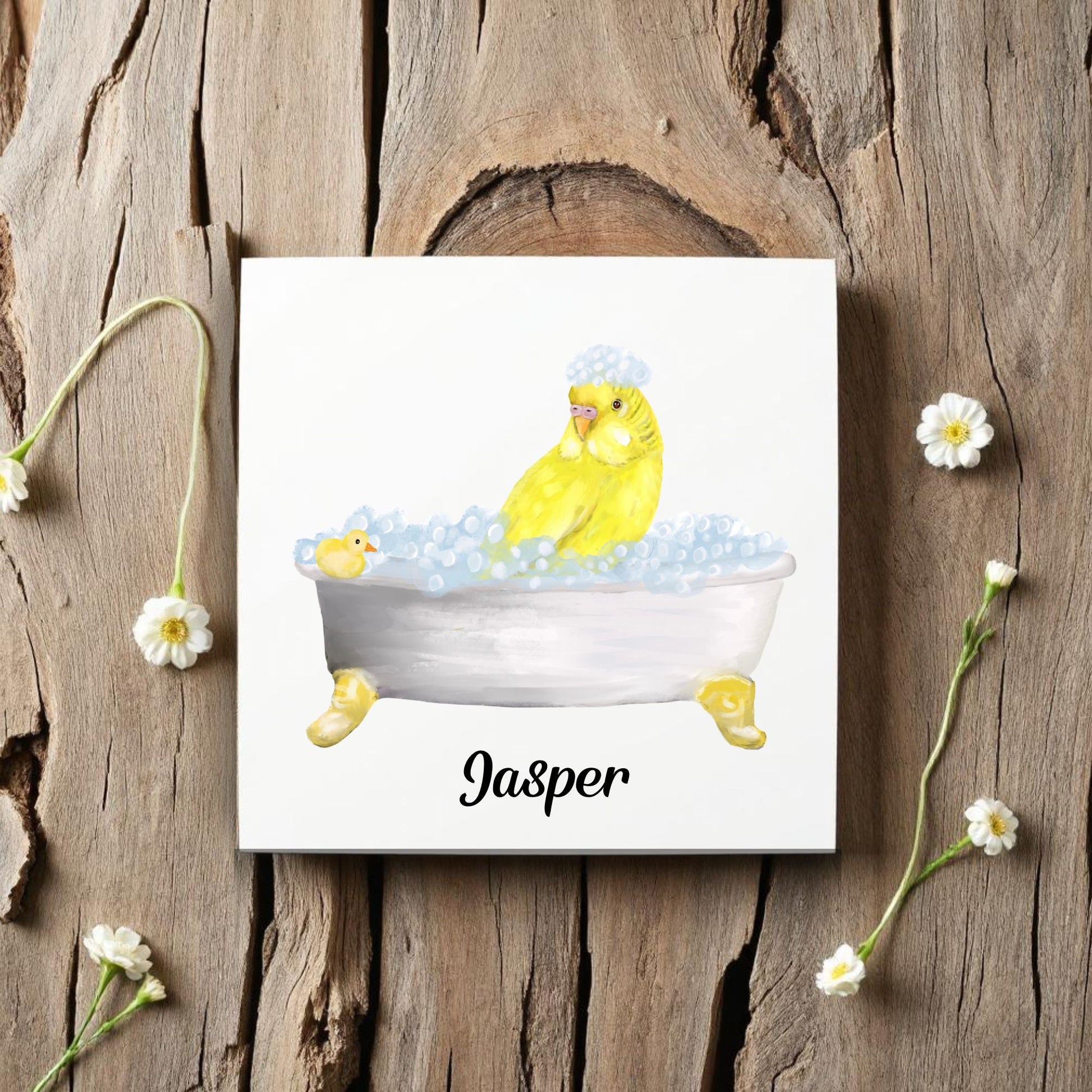 Yellow Budgie in Bubble Bath Ceramic Tile – Whimsical Bird Decor - MerikaArt