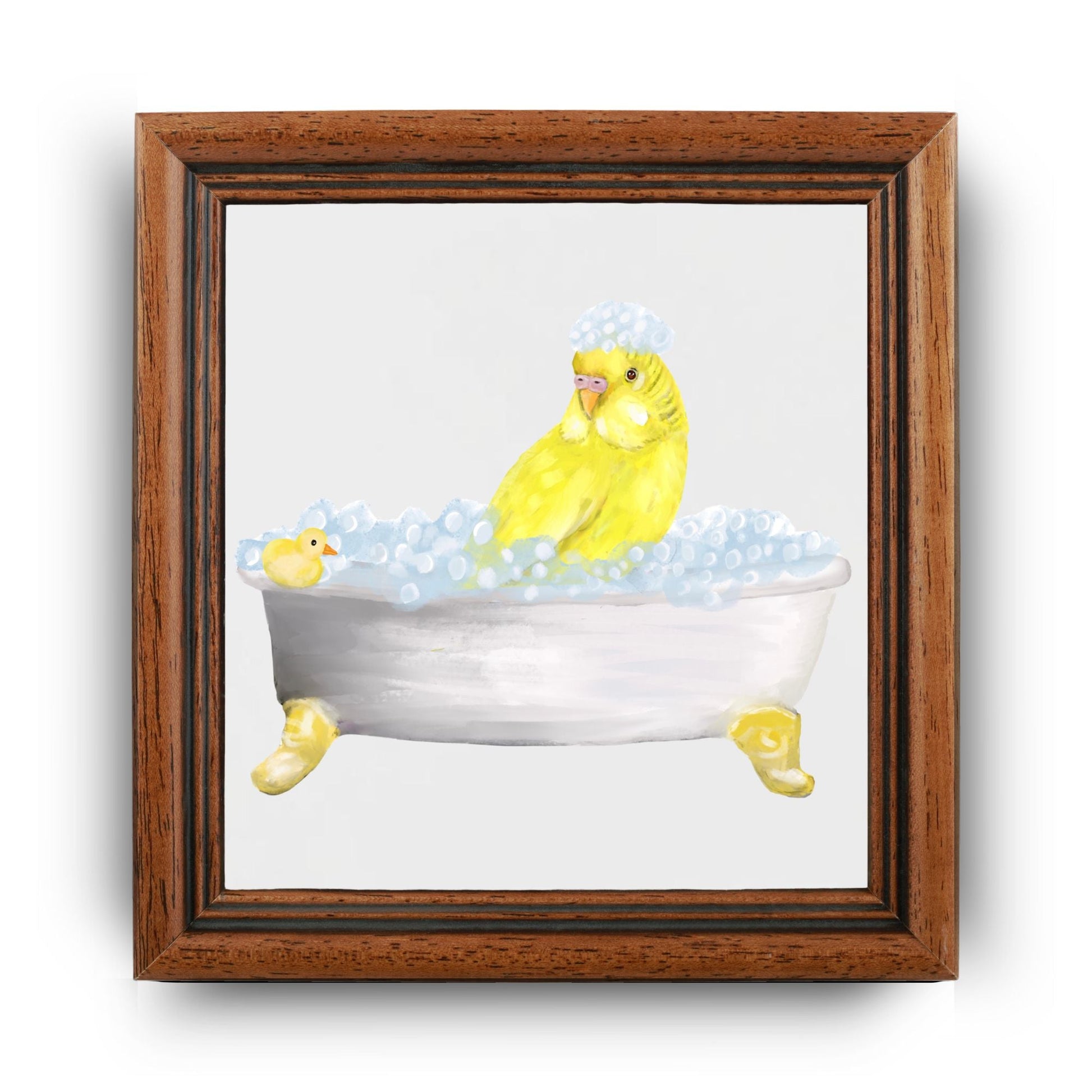 Yellow Budgie in Bubble Bath Ceramic Tile – Whimsical Bird Decor - MerikaArt