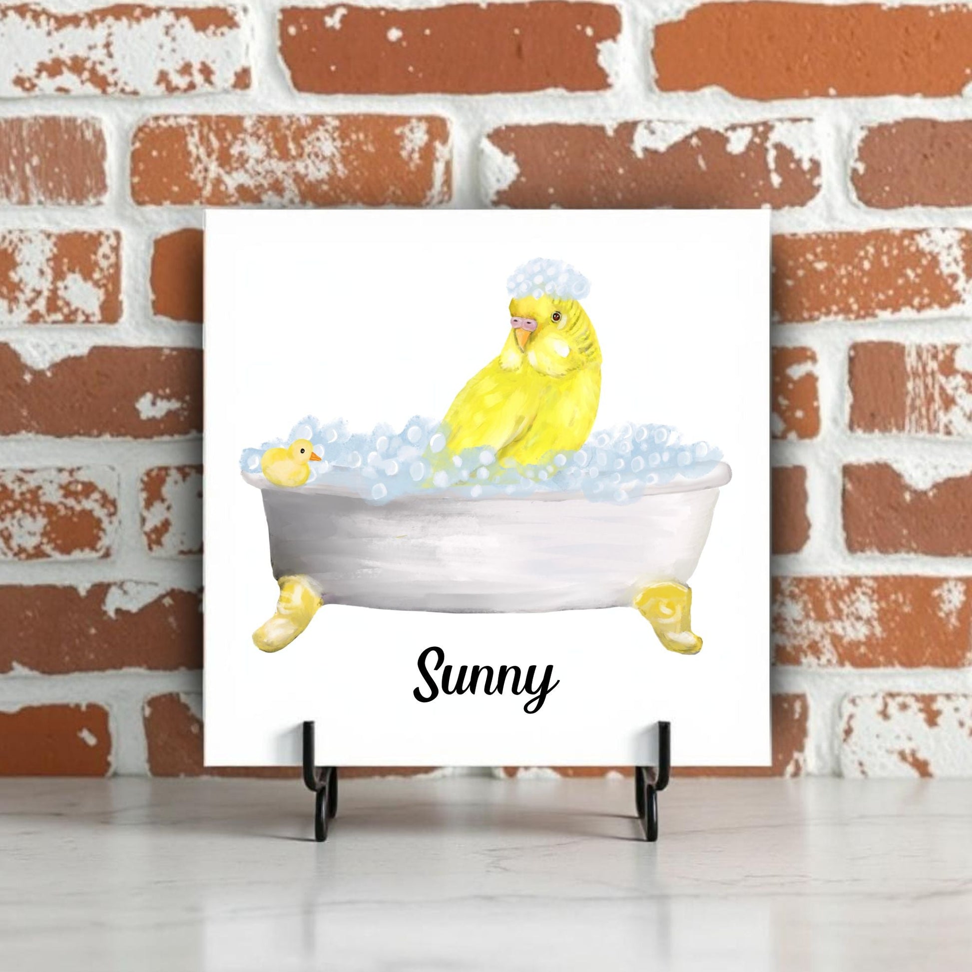 Yellow Budgie in Bubble Bath Ceramic Tile – Whimsical Bird Decor - MerikaArt