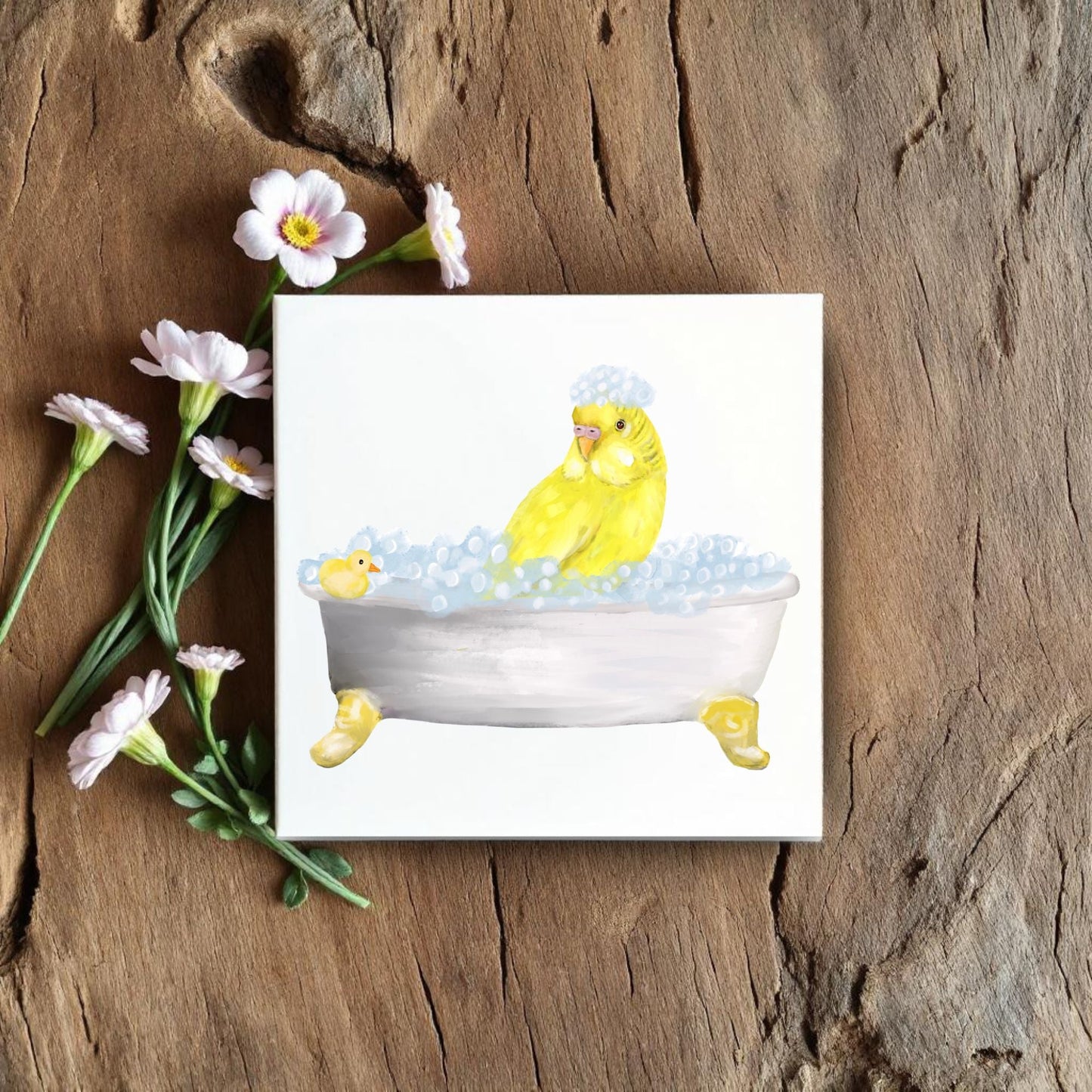 Yellow Budgie in Bubble Bath Ceramic Tile – Whimsical Bird Decor - MerikaArt