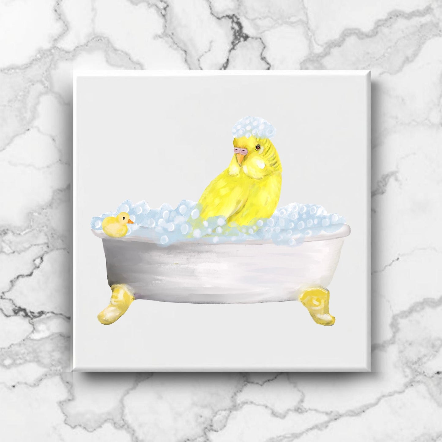 Yellow Budgie in Bubble Bath Ceramic Tile – Whimsical Bird Decor - MerikaArt