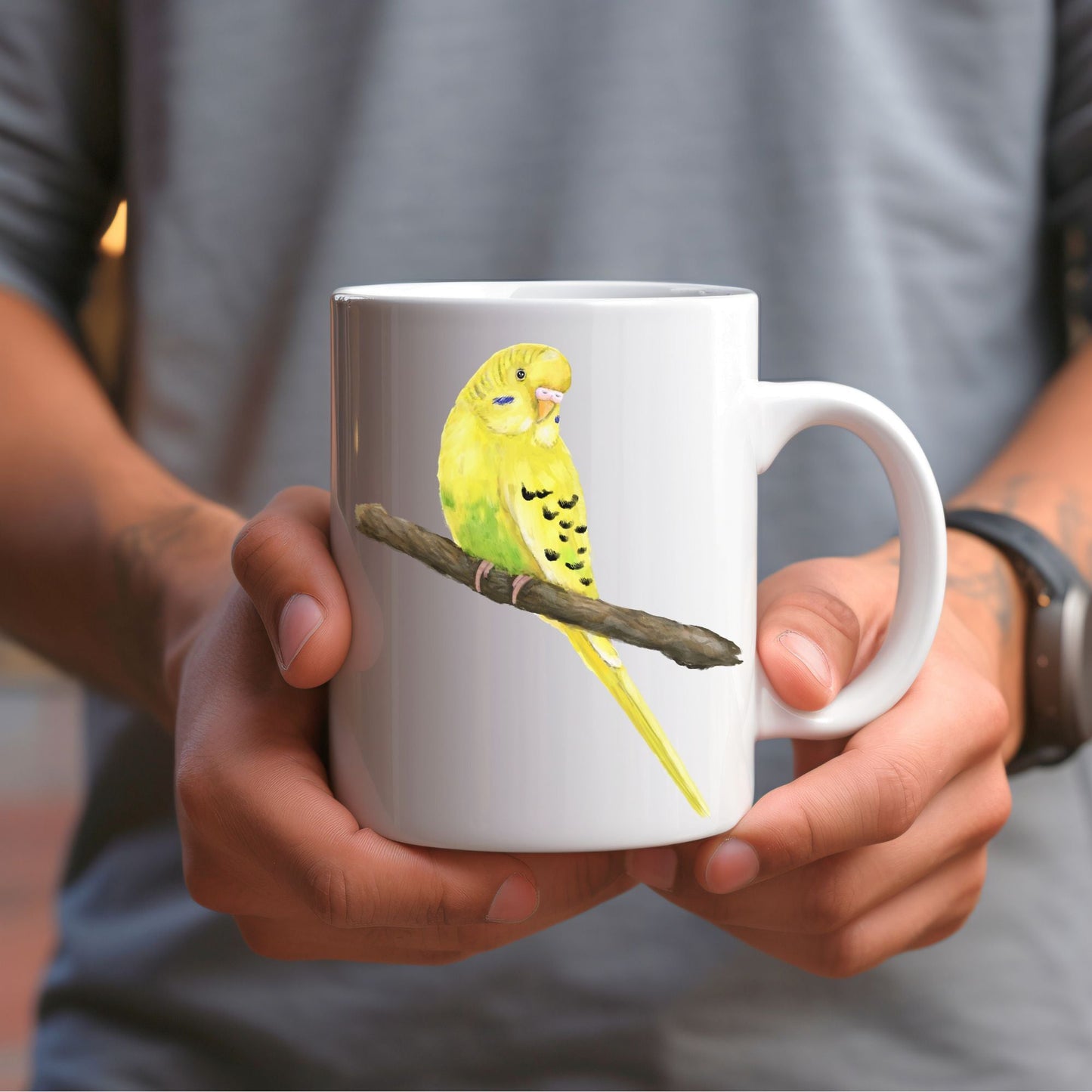 Yellow Budgie Mug - MerikaArt