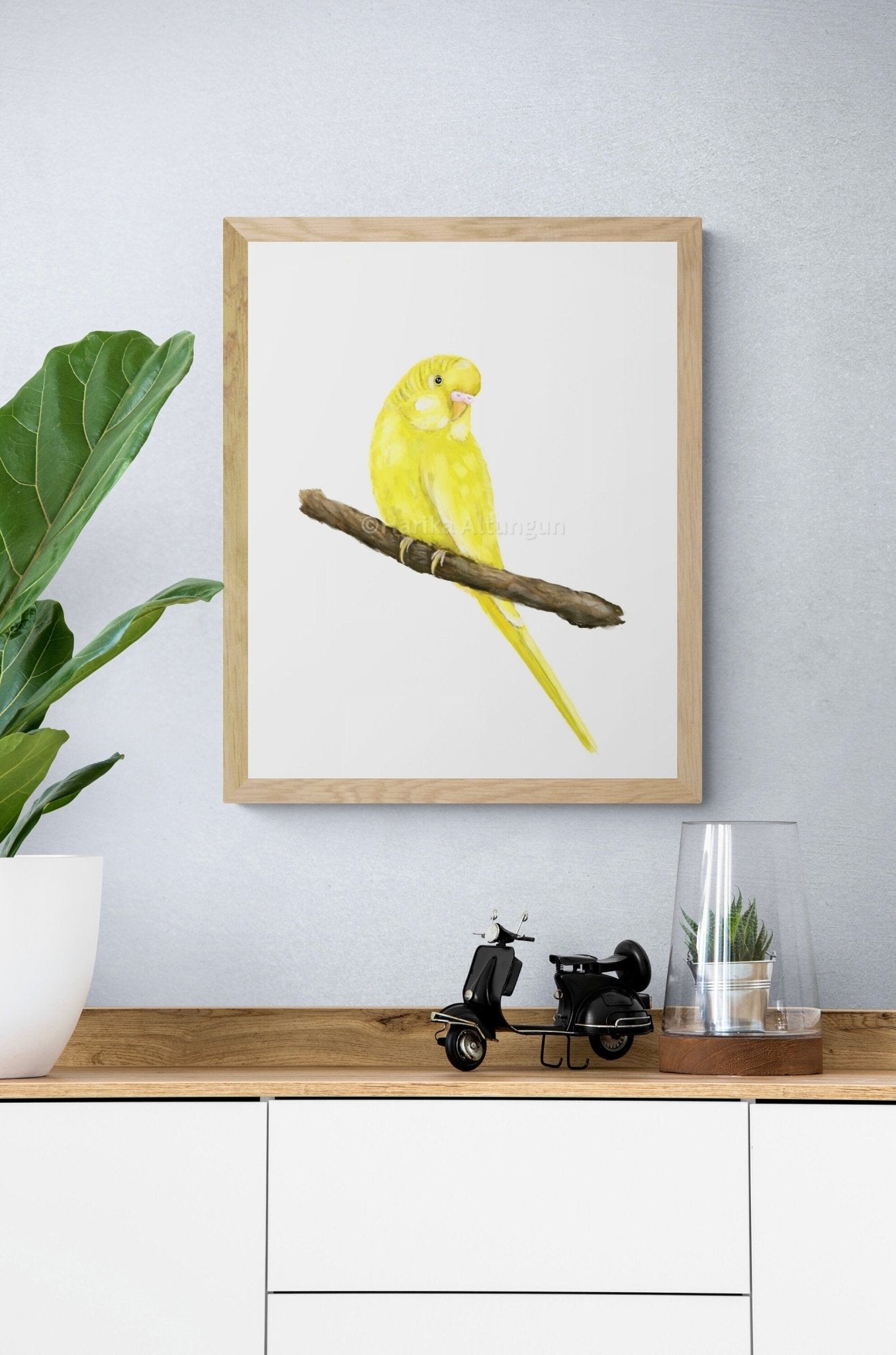 Yellow Budgie on Branch Art, Parakeet Painting, Bird Lover Art, Bird Mom Dad Gift, Kitchen Wall Decor, Lutino Bird Memorial, Home Wall Print - MerikaArt