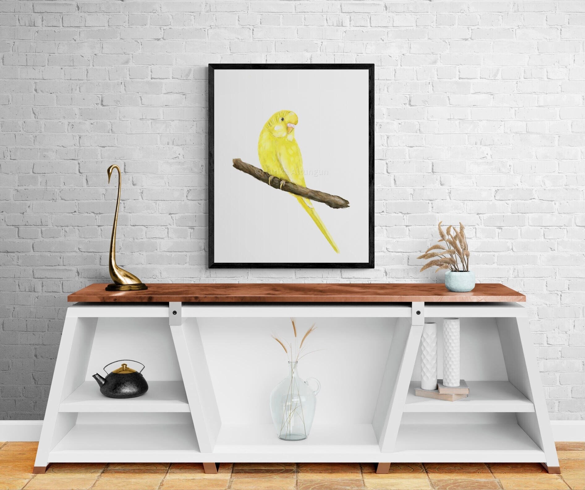 Yellow Budgie on Branch Art, Parakeet Painting, Bird Lover Art, Bird Mom Dad Gift, Kitchen Wall Decor, Lutino Bird Memorial, Home Wall Print - MerikaArt