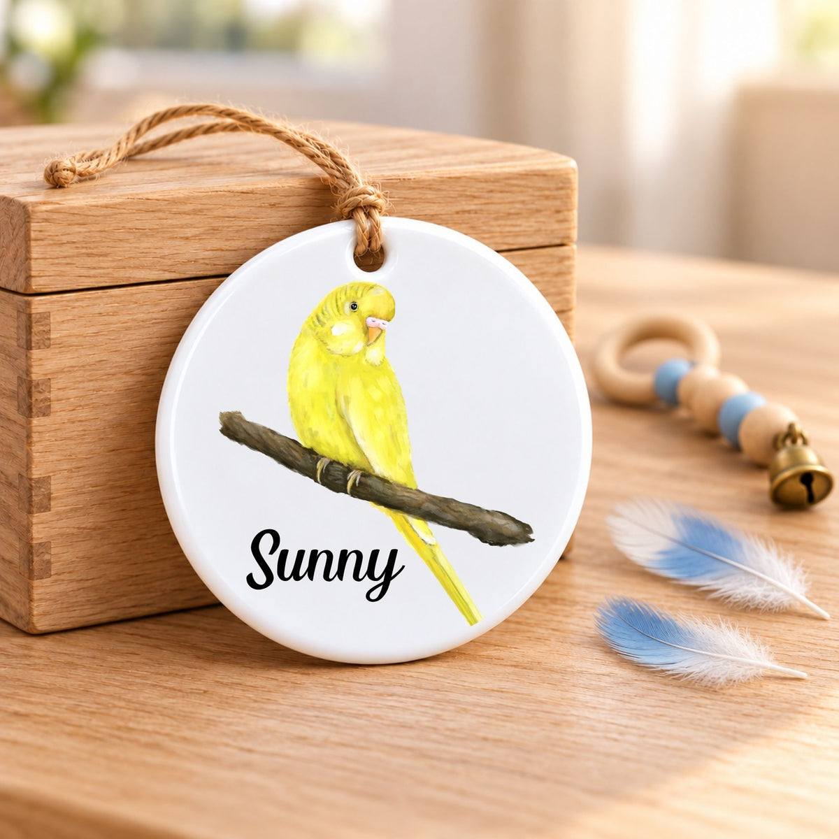 Yellow Budgie on Branch Ceramic Ornament - MerikaArt
